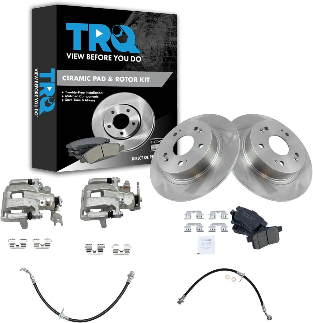 TRQ Rear Brake Pad and Rotor Set Ceramic Rotors Calipers Hoses Compatible with 2009-2014 Acura TSX 2008-2012 Honda Accord