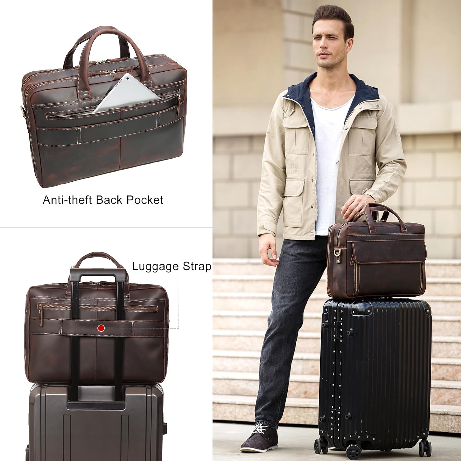 TIDING Leather Business Travel Briefcase for Men, Large 15.6' 17.3' Laptop Crossbody Shoulder Messenger Bag Office Handbag