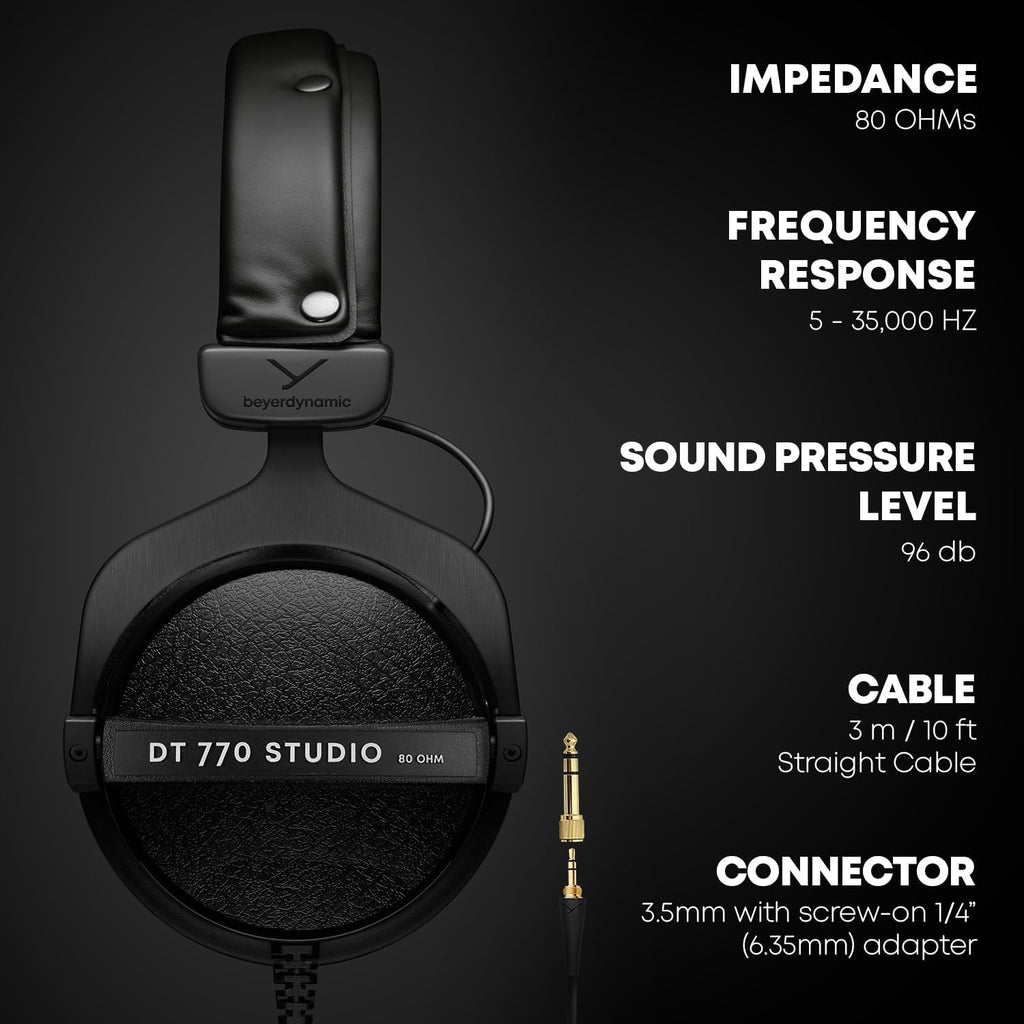 beyerdynamic DT 770 Pro Studio Headphones - Over-Ear, Closed-Back, Professional Design for Recording and Monitoring (80 Ohm, Grey) (Renewed)