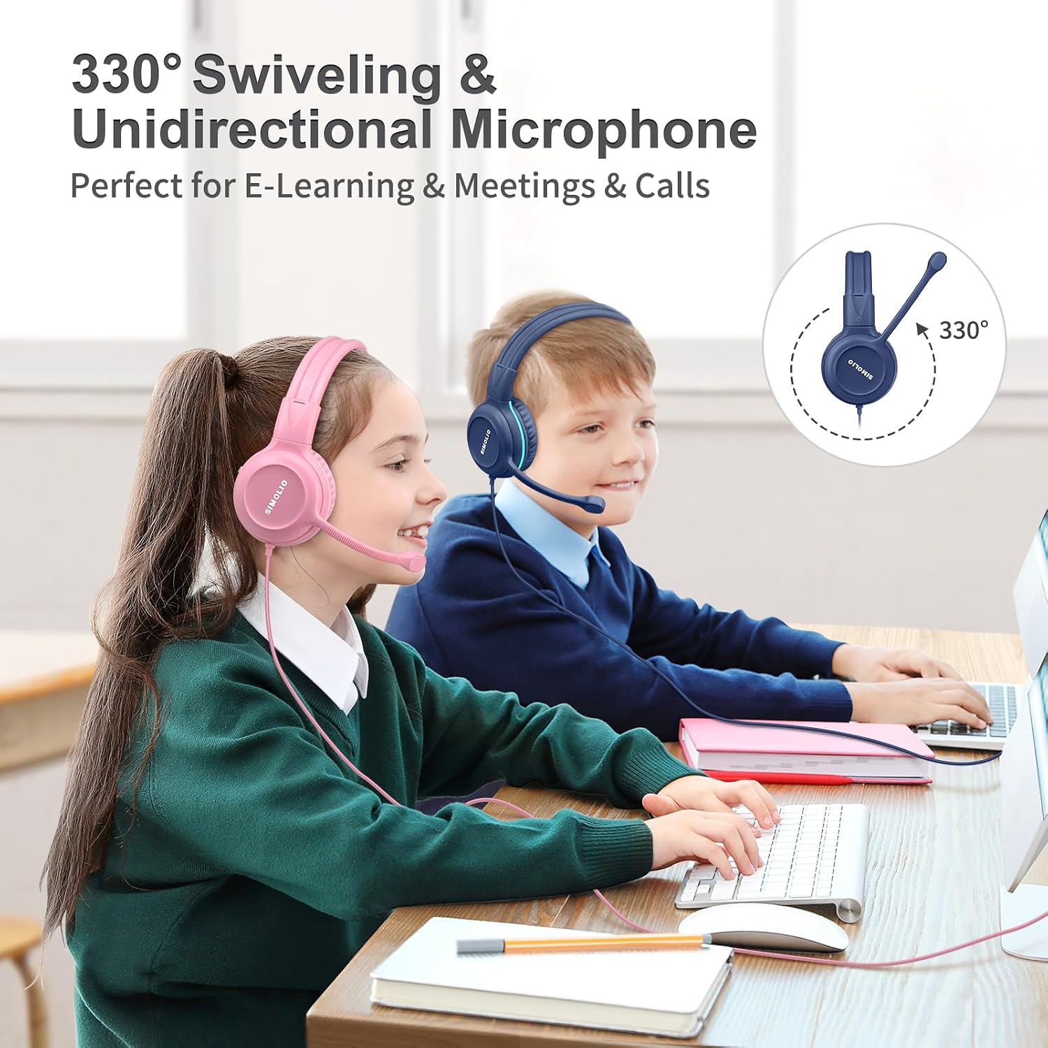 SIMOLIO Kids Headphones, Wired Kids Headset with Mic & Volume Limiter and AuraCast Wireless Headphones, Foldable, Durable, Comfortable for Girls/Boys School, Travel, Online Learning