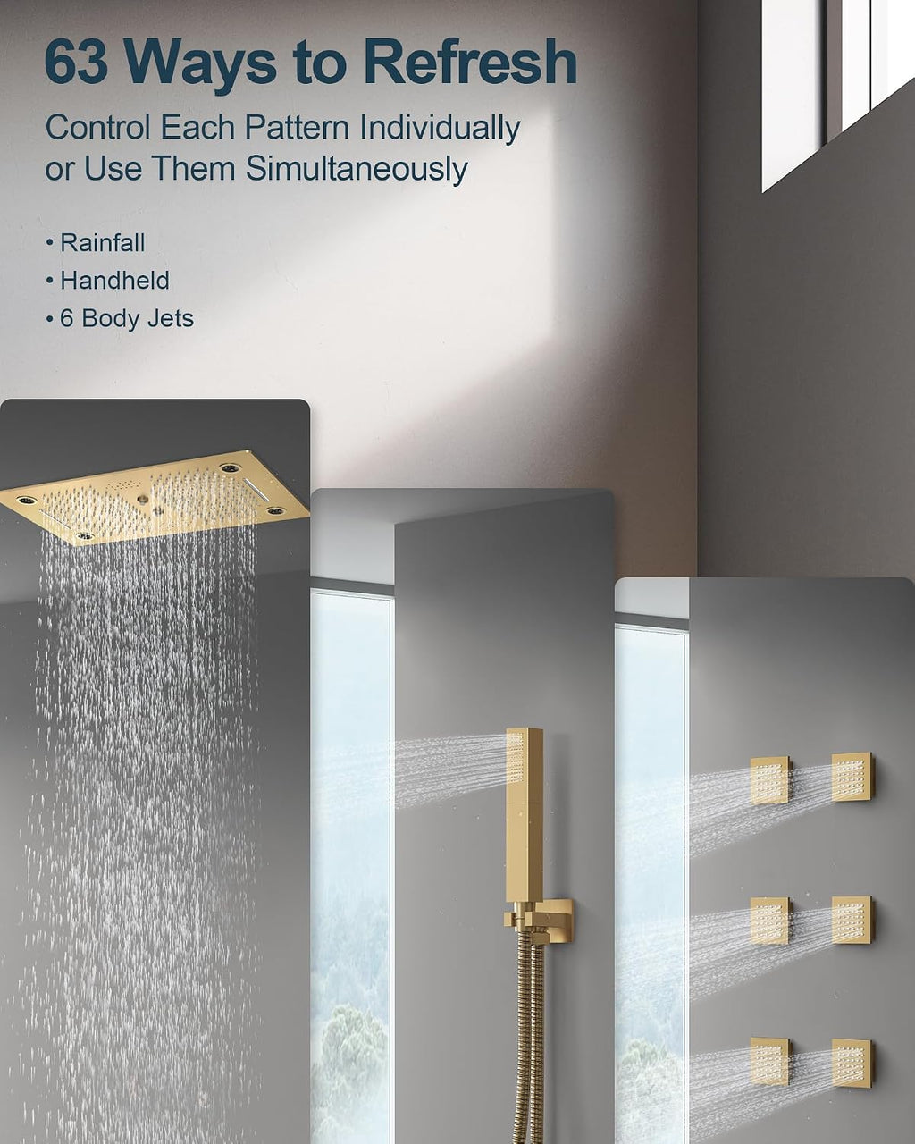 Luxury LED Shower System, 28' x 16' Ceiling Mount Bluetooth Music Speaker 4 Function Shower Head with 6 Body Jets, Brushed Gold