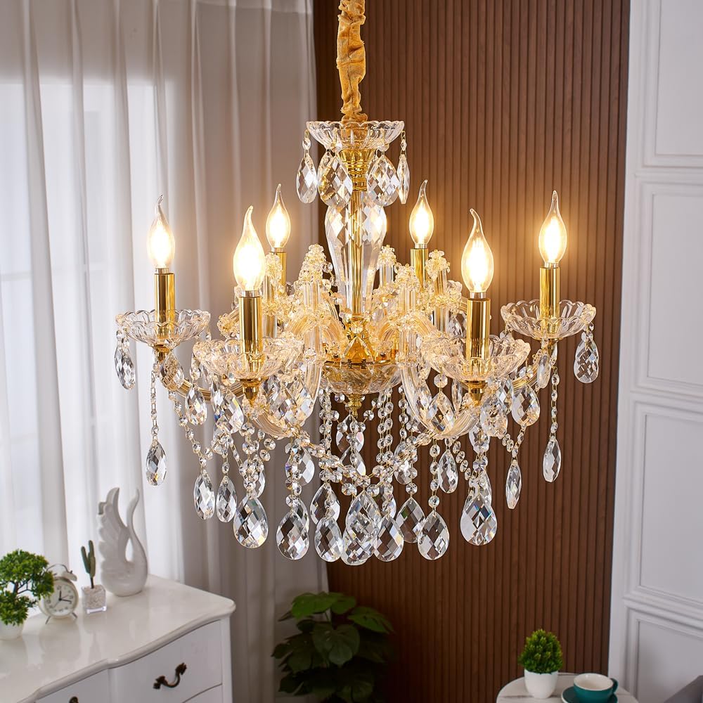 YLONG-ZS 6-Light Crystal Gold Chandelier Light Fixture for Bedroom,Modern Pendant Light Crystal Raindrop Lighting Hanging Chandelier for Living Room, Kitchen,Dining Room, Bedroom,Entryway