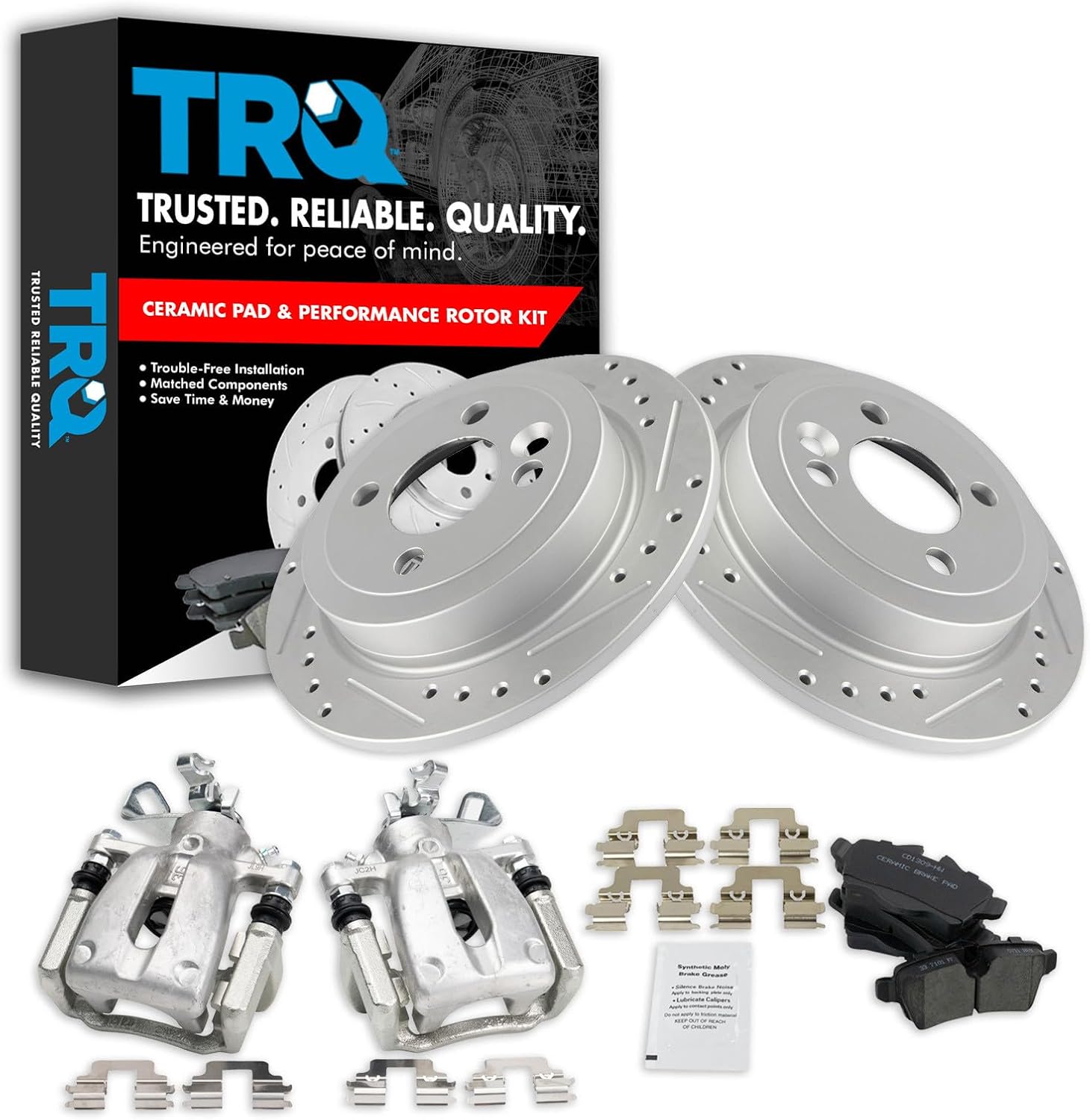 TRQ Performance Rear Brake Pad and Rotor Set Ceramic Slotted Drilled Coated Rotors Calipers Compatible with 2009-2013 Mini Cooper