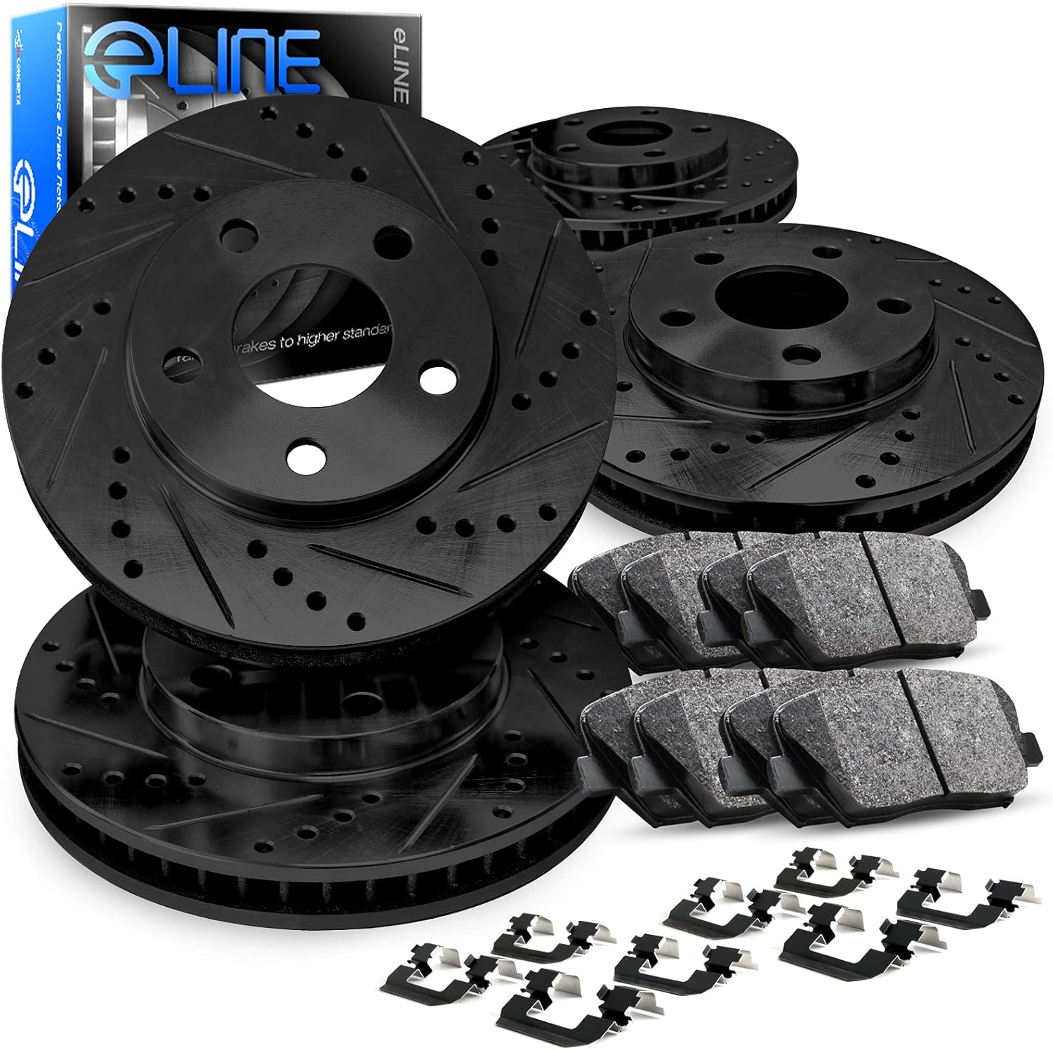R1 Concepts Front and Rear Brake Kit Fits 2011-2019 Chevrolet Silverado, GMC Sierra; 2016-2019 Chevrolet Suburban| Ceramic Pads, Drilled Slotted Rotors| Hardware| 14.0' Front & 14.2' Rear