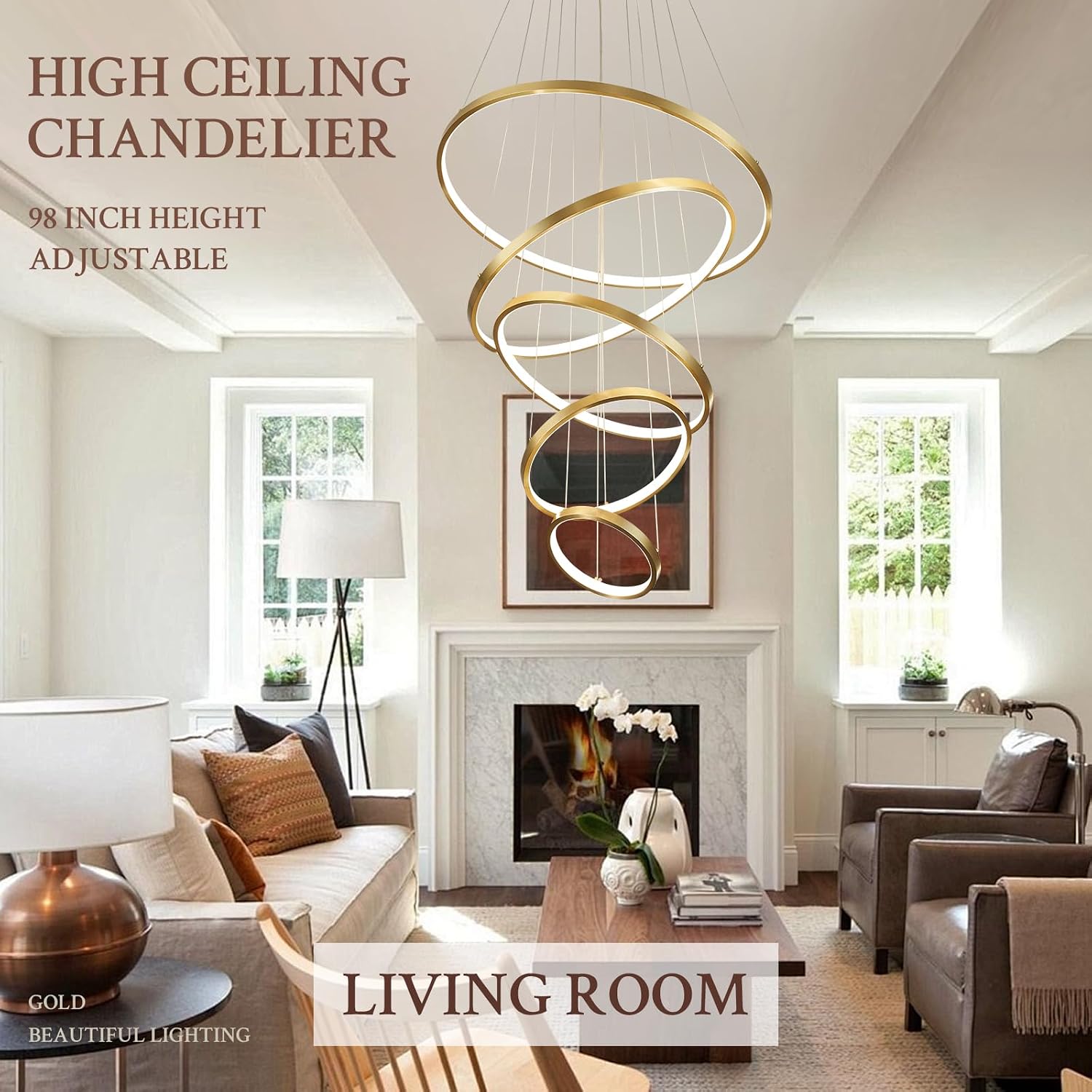5 Ring Modern LED Chandelier Dimmable Gold High Ceiling Chandeliers for Foyer, LED Contemporary Large Pendant Lighting with Remote Control Circular for Living Room Staircase, 3000K-6500K