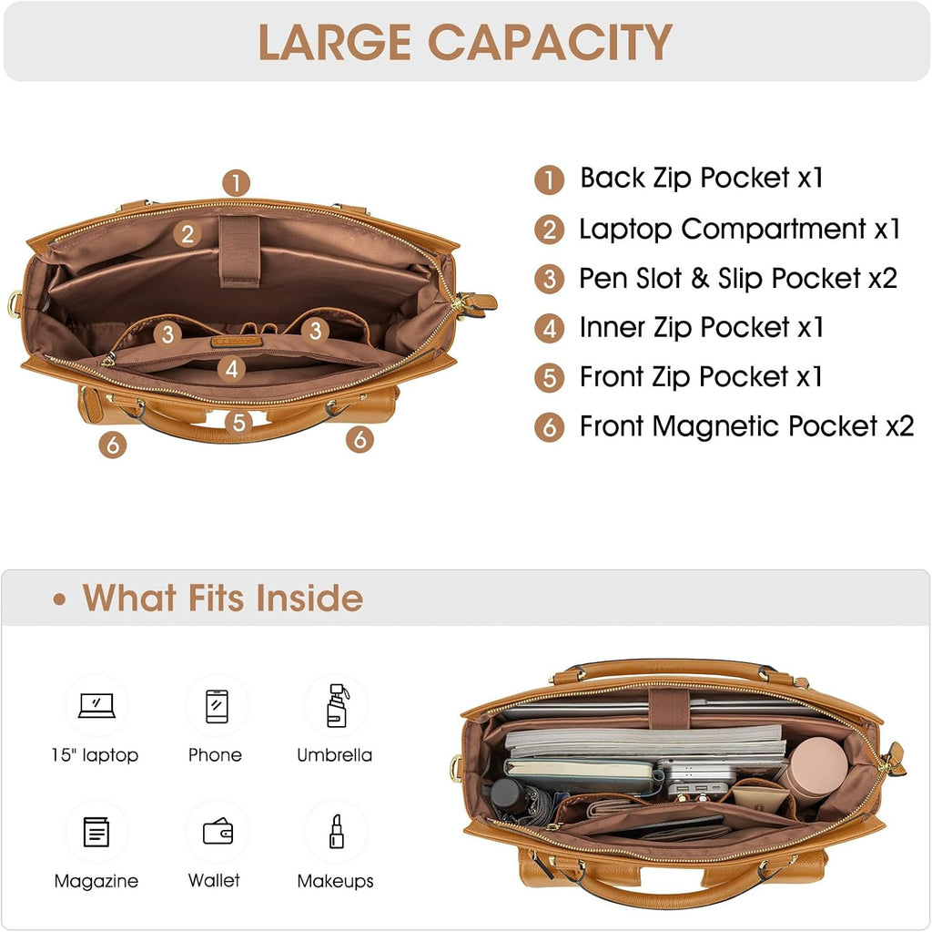 Kattee Leather Briefcase for Women, 15 Inches Laptop Bag, Work Tote with Luggage/Shoulder Strap