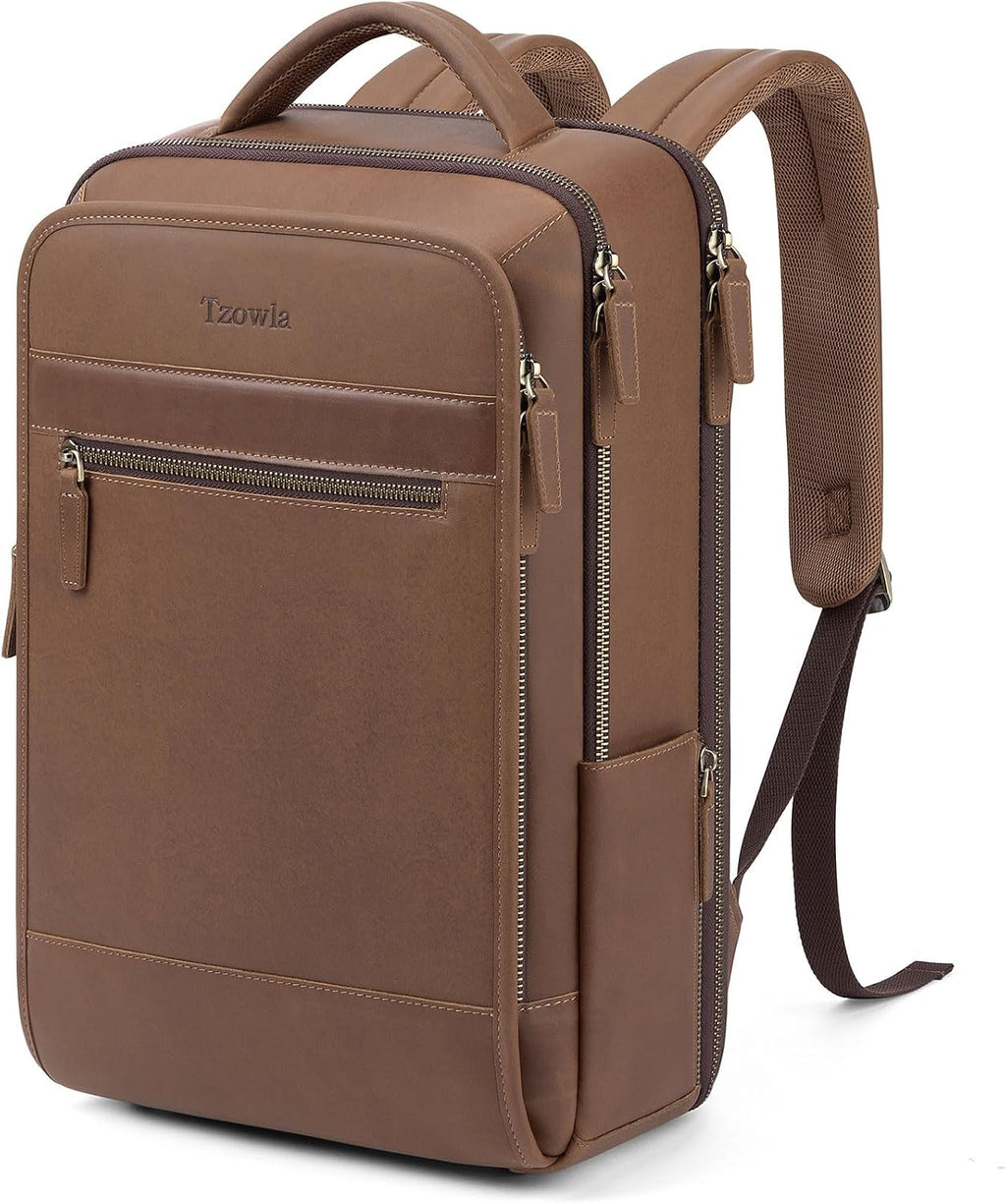 Tzowla Leather Laptop Backpack, Bag for Men and Women,Business Travel Work Rucksack Fits 15.6 Inch Laptop,Bookbag with USB and Type-C Charging Port-Black