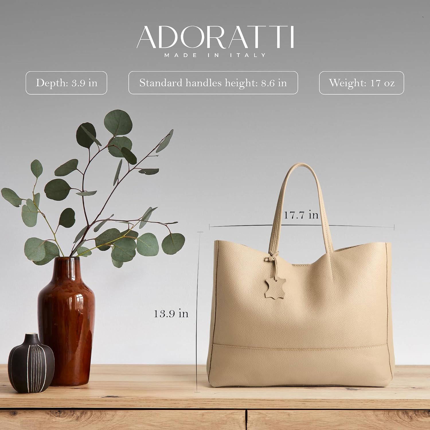 Italian Leather Tote Bag for Women - Large Shoulder Shopper, Fits 16' Laptop, Keychain Holder, Made in Italy
