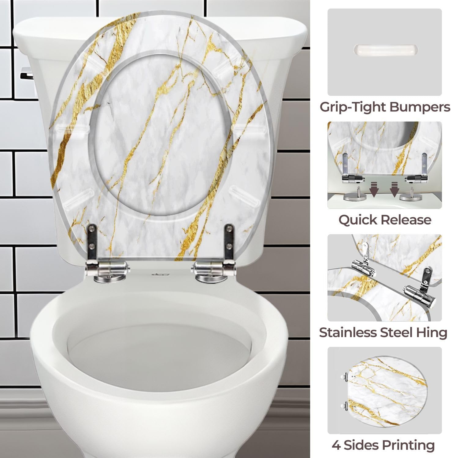 Toilet Seats Oval Round Toilet Seat White gold marble luxury wall texture shine golden line abstract Colored Toilet Seat Easy to Install Decorative Toilet Seat with Cover for Bathroom
