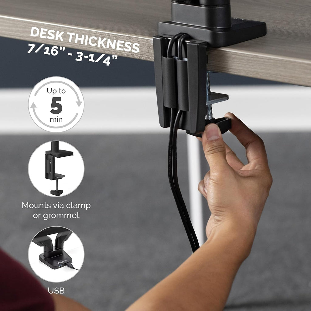 Fellowes Platinum Series Single Monitor Arm for 40-Inch Monitors, Full Motion, 360° Rotation, VESA Mount with Grommet or Clamp, USB Ports, Ergonomic, Black, 8043301