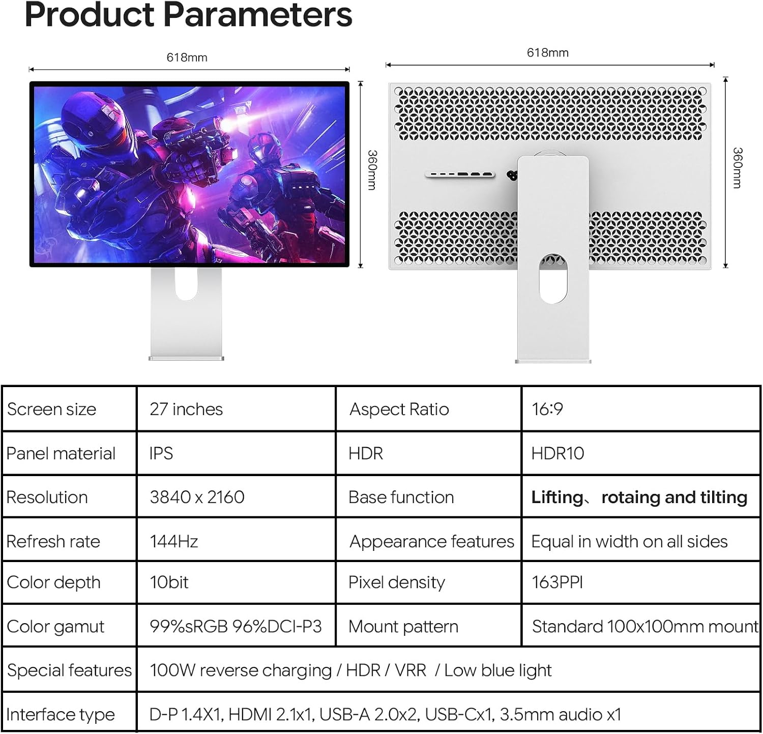 P27D 27'' UHD (3840 x 2160) 4K 144Hz Glossy Monitor, IPS Panel, 10-Bit Color, 99% sRGB, 96% DCI-P3, 5ms, HDR, Low Blue Light, Eye Care (Honeycomb - with Stand)