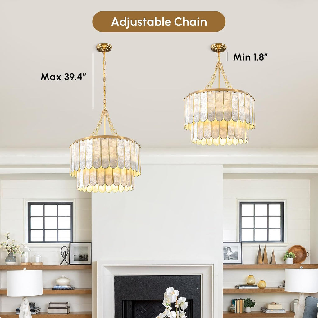 Modern 5-Light Shell Chandelier, 2-Tiered Faceted Pendant Light with Gold Metal Frame, E26 Lighting Fixture for Dining Room, Bedroom, Living Room