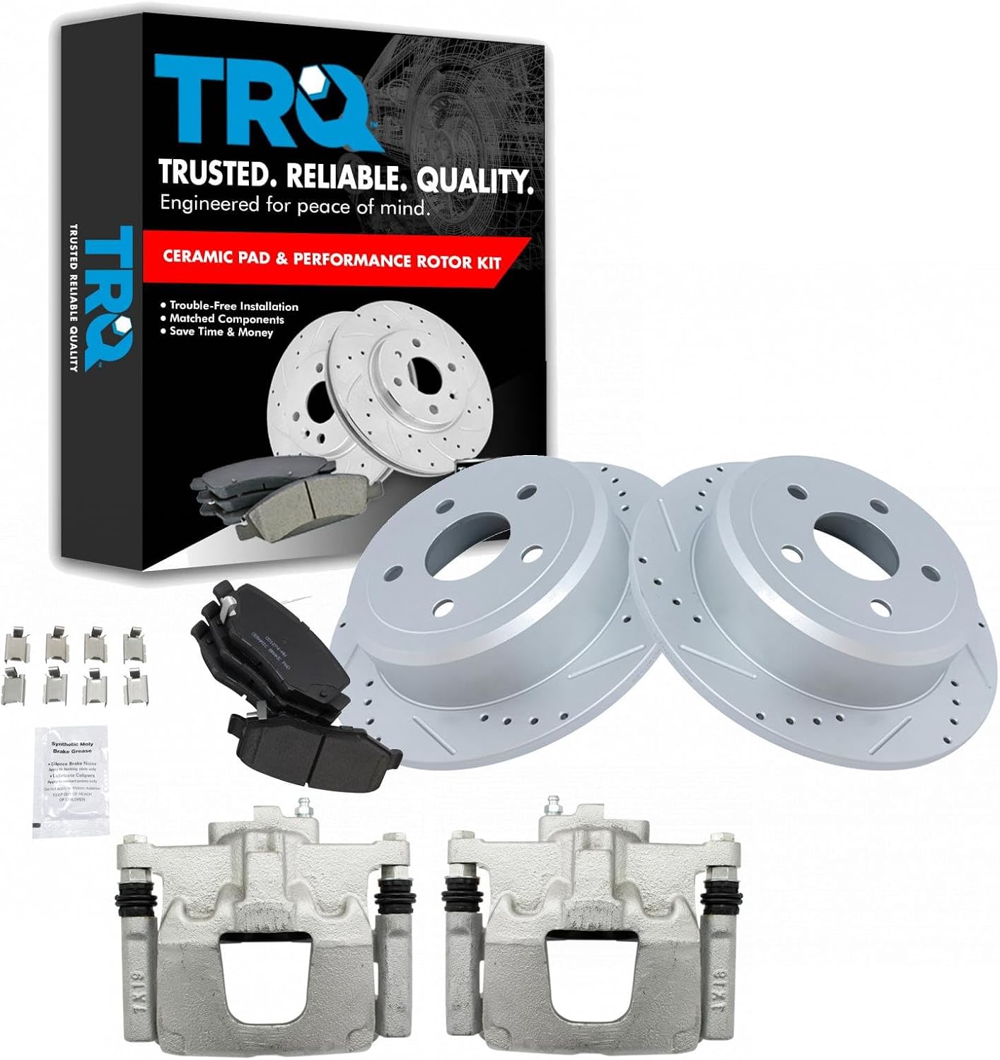 TRQ Performance Rear Brake Pad and Rotor Set Ceramic Coated Drilled Slotted Rotors Calipers Compatible with 2007-2017 Jeep Wrangler 2018 Wrangler JK
