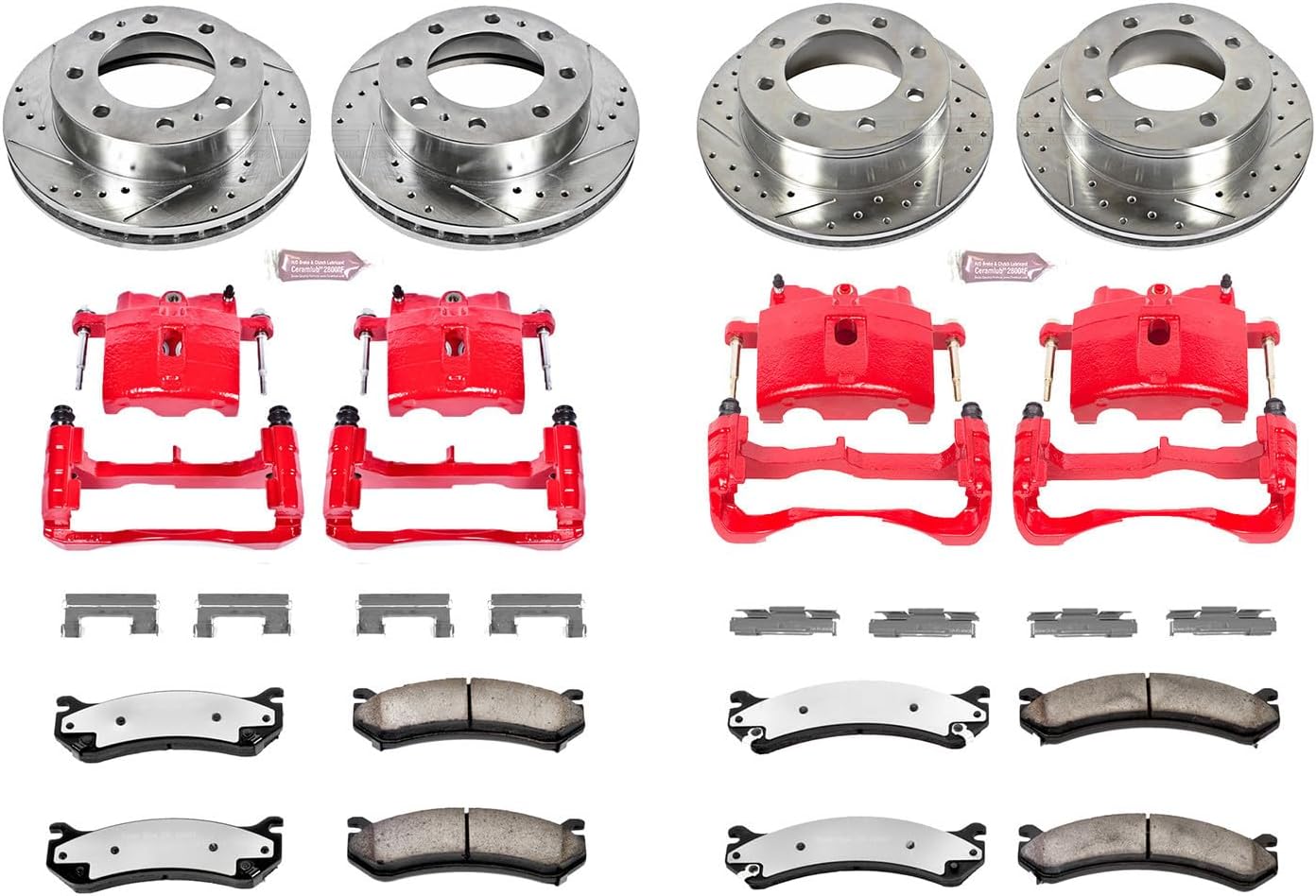 PowerStop Front and Rear Brake & Caliper Kit for Chevrolet Avalanche 2500 2002-04 |Silverado 2500 HD 2001-10 - Drilled & Slotted Disc Rotors + Z36 Brake Pads + Red-Powder Coated Calipers, KC2073-36