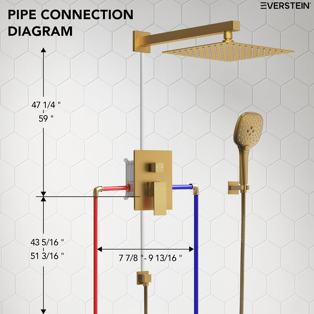 Square Rain Shower System Faucet Set, 10 Inch Rainfall Shower Head with Handheld, Wall Mount Faucet Set with Valve, Brushed Gold