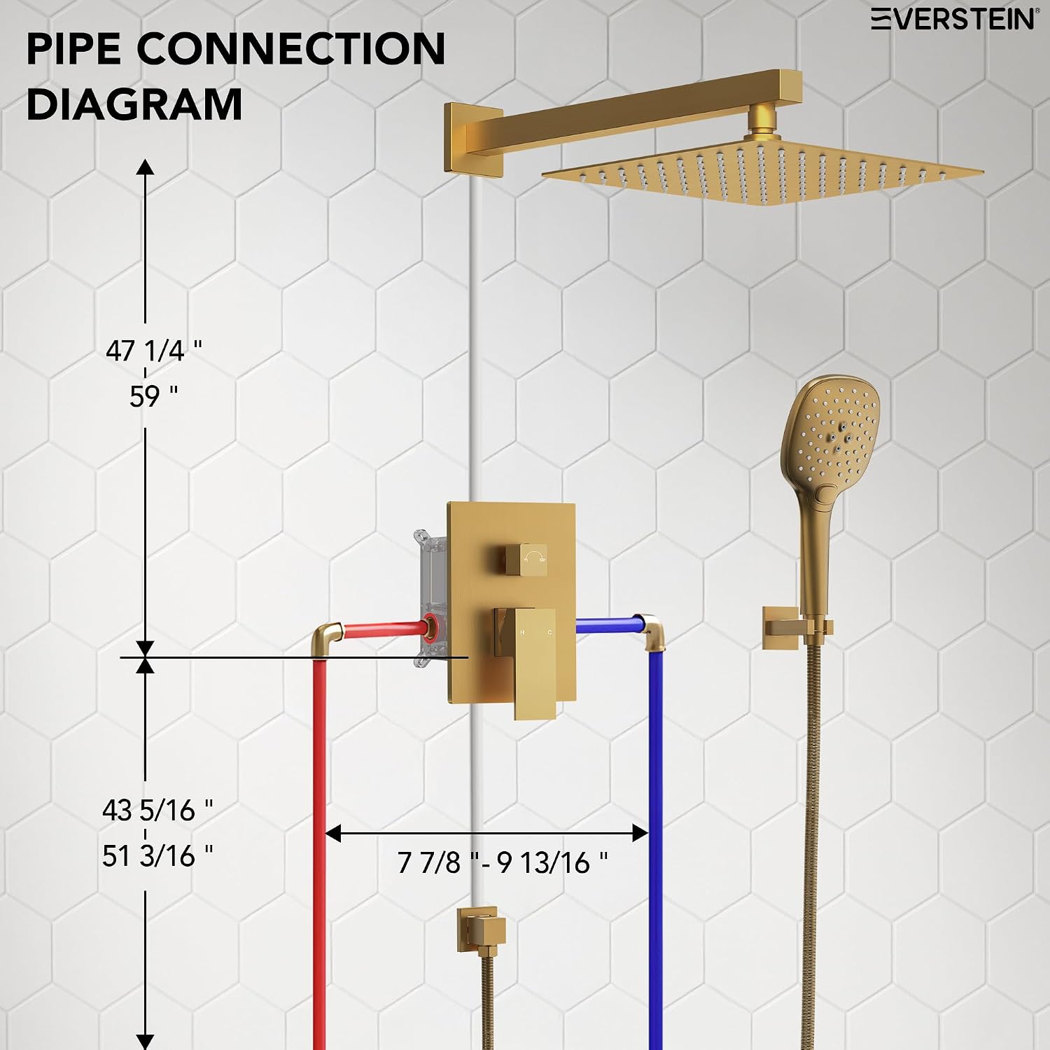 Square Rain Shower System Faucet Set, 10 Inch Rainfall Shower Head with Handheld, Wall Mount Faucet Set with Valve, Brushed Gold