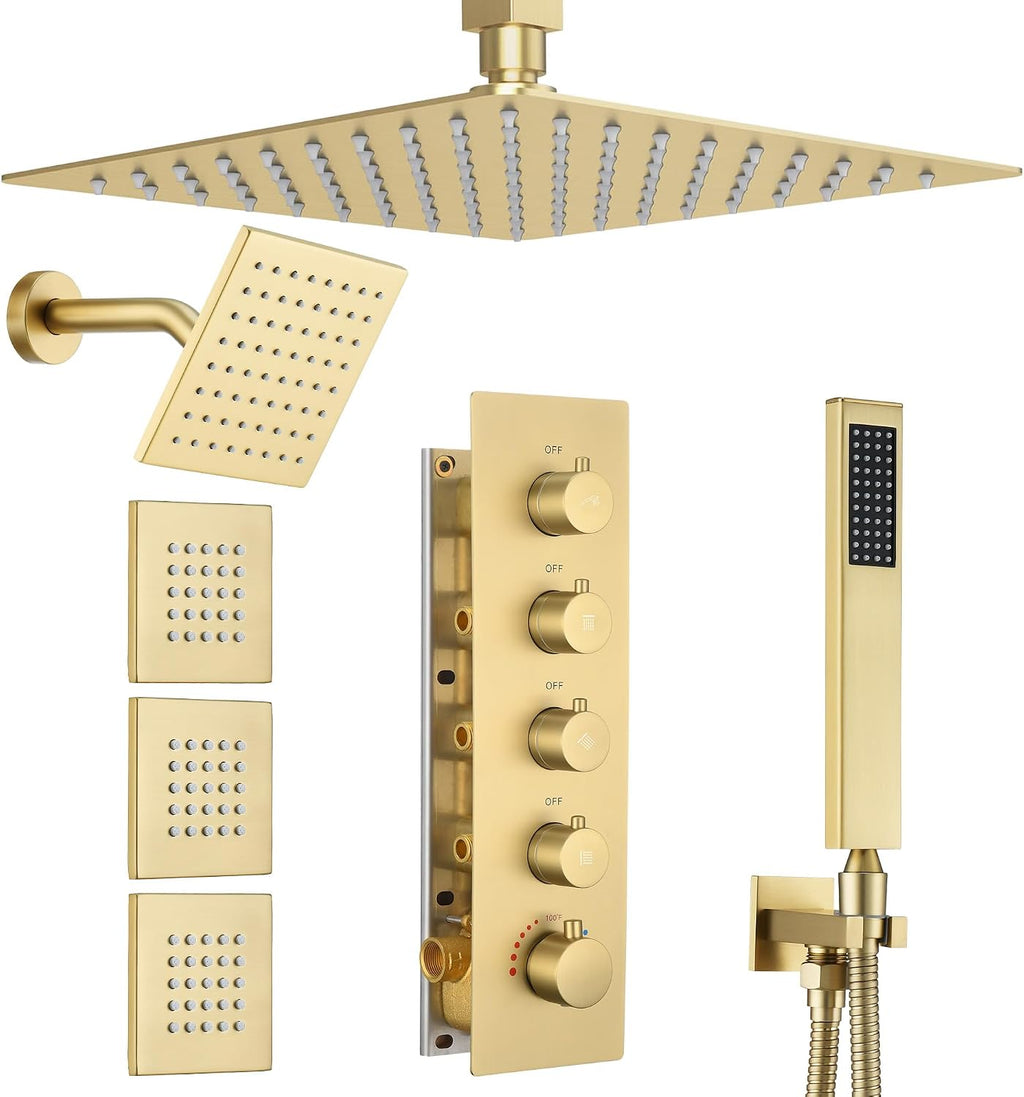Thermostatic Dual Shower System with 4-Inch Body Jets, Ceiling 16' Rainfall Shower & Wall Mount 6-Inch Shower Head, Brushed Gold Luxury Shower Faucet Set with Handheld Sprayer