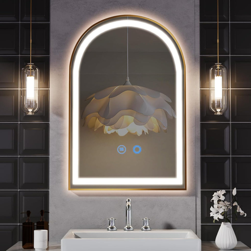 24' x 36' LED Bathroom Mirror with Lights, Gold Arched LED Mirror for Bathroom, Lighted, Anti-Fog, Dimmable Adjustable, 3 Colors, Vertical/Horizontal, CRI90+,Touch Button