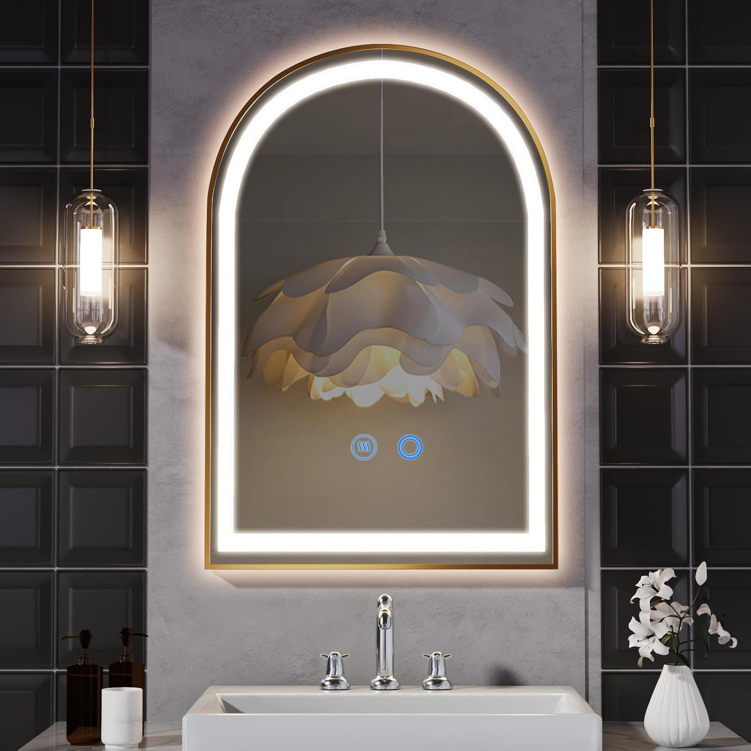 24' x 36' LED Bathroom Mirror with Lights, Gold Arched LED Mirror for Bathroom, Lighted, Anti-Fog, Dimmable Adjustable, 3 Colors, Vertical/Horizontal, CRI90+,Touch Button