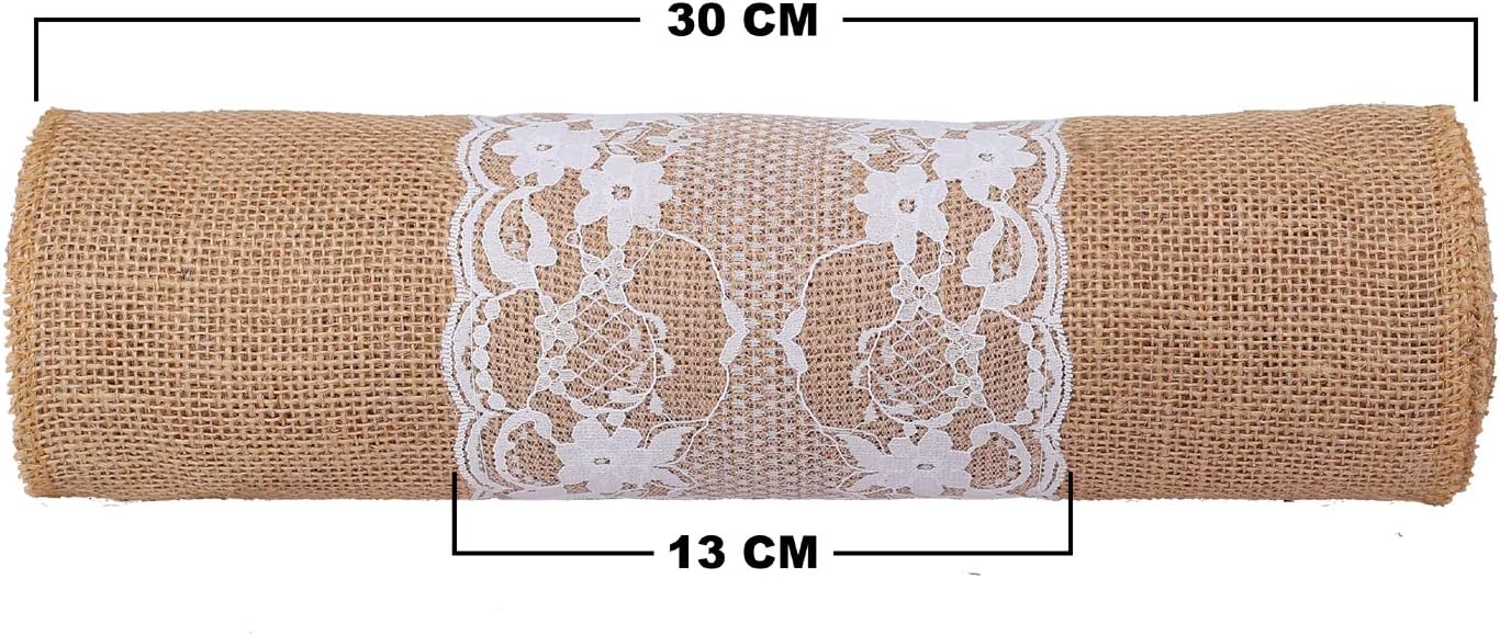 MDS 10 PCS 100% Natural Burlap Table Runners 12' x 108' with Lace, Rustic Farmhouse Country Vintage Boho Jute Runner for Wedding Reception Birthday Party Home Kitchen Dining Coffee Table Decoration