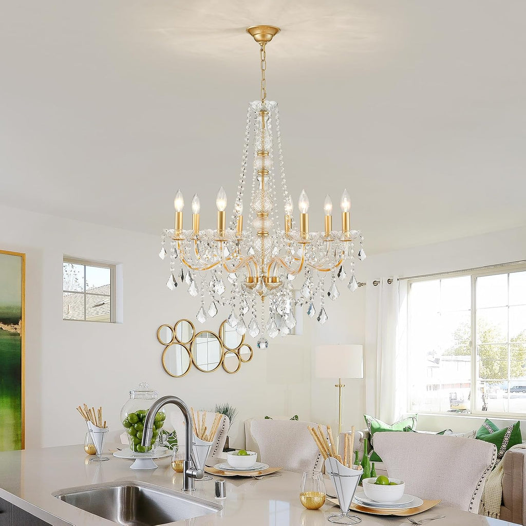 WUZUPS 8-Light Crystal Candle Chandelier Pendant Ceiling Light Modern Lighting Fixture for Bedroom Hallway Bar Kitchen Bathroom, H 35.4' W 27.6', E12 Base, Gold