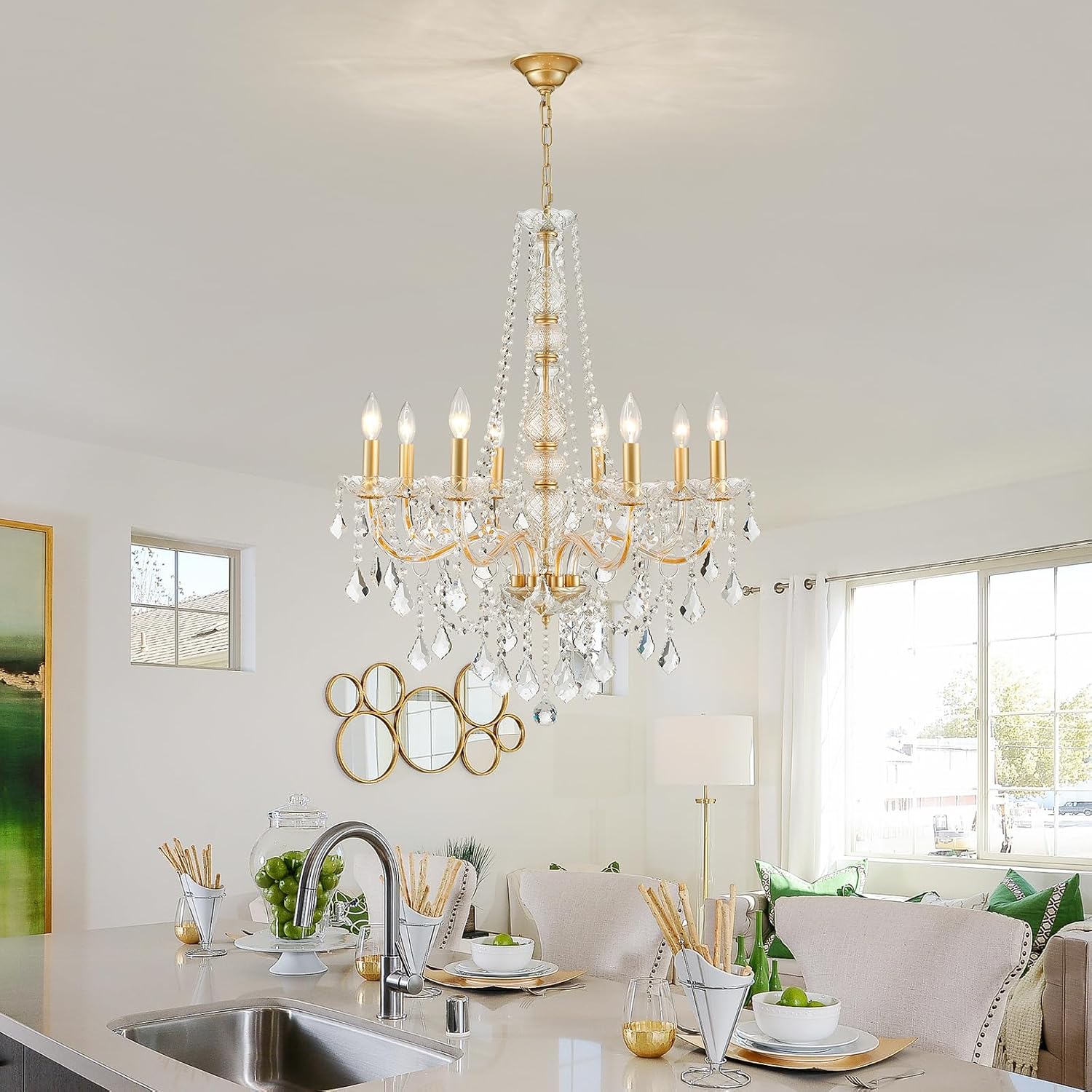 WUZUPS 8-Light Crystal Candle Chandelier Pendant Ceiling Light Modern Lighting Fixture for Bedroom Hallway Bar Kitchen Bathroom, H 35.4' W 27.6', E12 Base, Gold