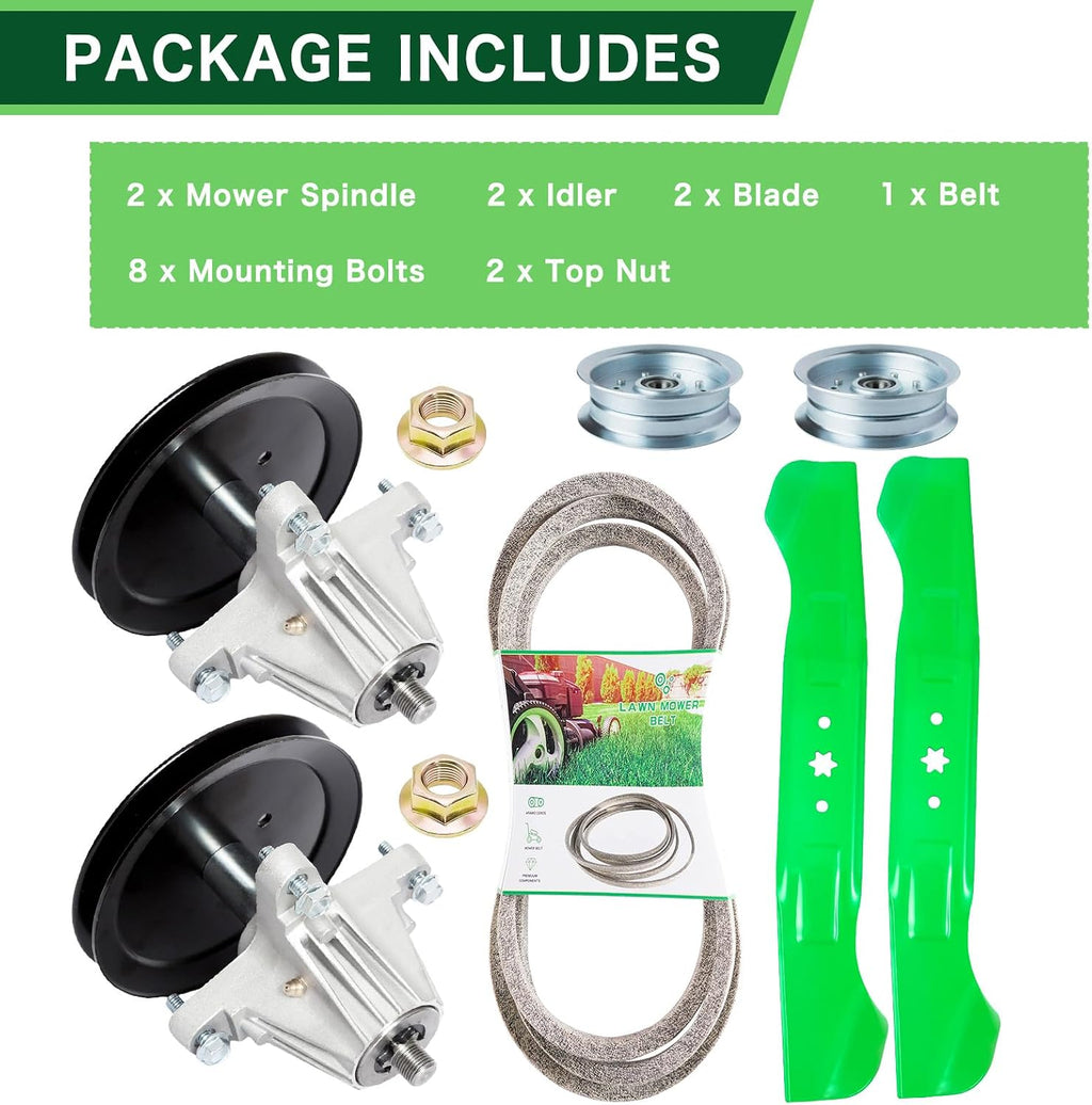 46 inch Mower Deck Rebuild Kit for MTD Craftsman T1600 T1900 Troy Bilt Bronco Horse XP Mower Include Include (2) Spindle 618-06989 918-06989 (2) ldler 756-05034A (2) Blade 742-04244 (1) Belt 754-04219