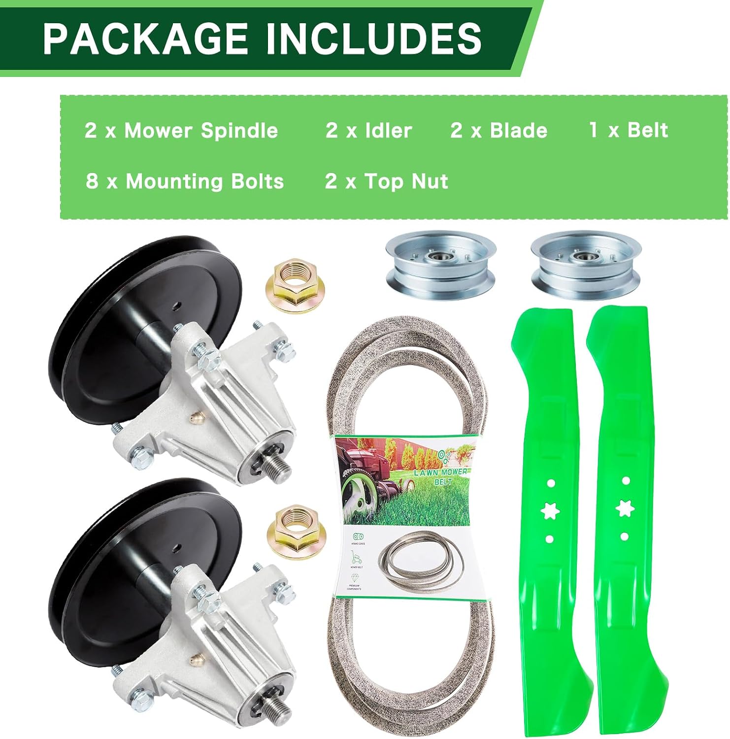 46 inch Mower Deck Rebuild Kit for MTD Craftsman T1600 T1900 Troy Bilt Bronco Horse XP Mower Include Include (2) Spindle 618-06989 918-06989 (2) ldler 756-05034A (2) Blade 742-04244 (1) Belt 754-04219