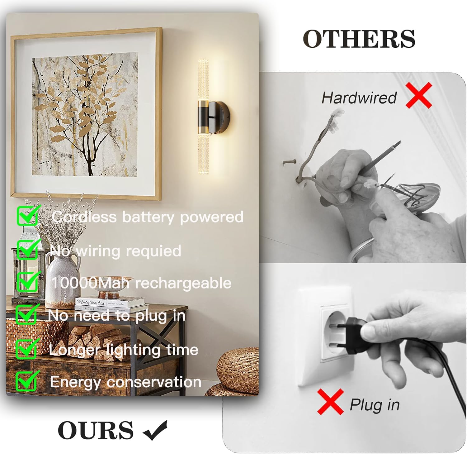 Battery Operated Black Gold Wall Sconces Set of Two, 10000 mAh Rechargeable Battery Powered Wall Sconce with Remote Control, 16 Inch Non-Hardwired Wireless Crystal Wall Scones for Bedroom, Living Room