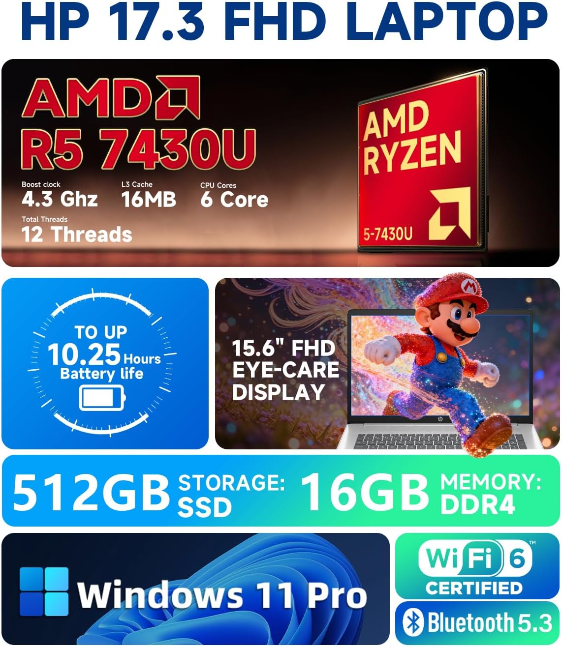 HP 17 inch FHD Student Business Laptop, AMD Ryzen 5 7430U, 32GB RAM 1TB SSD, Windows 11 Pro, 17.3' FHD IPS, Copilot AI, Numeric Keyboard, Type-c, w/Accessories