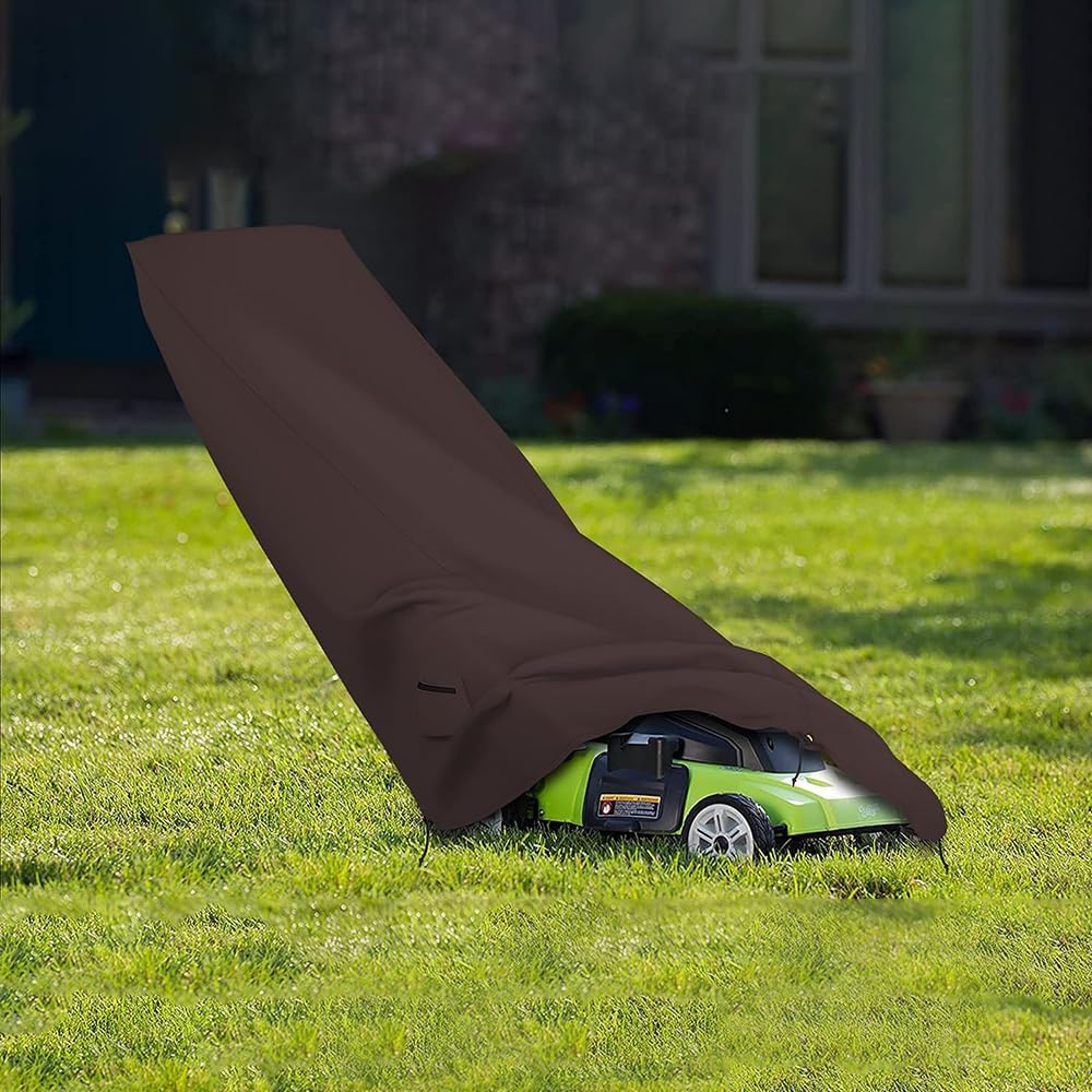 Lawn Mower Cover 18 Oz Waterproof - Customize Cover with Any Size - 100% Weather Resistant Grass Mower Cover with Air Pocket and Drawstring with Snug Fit (50' D x 25' W x 44' H, Coffee)