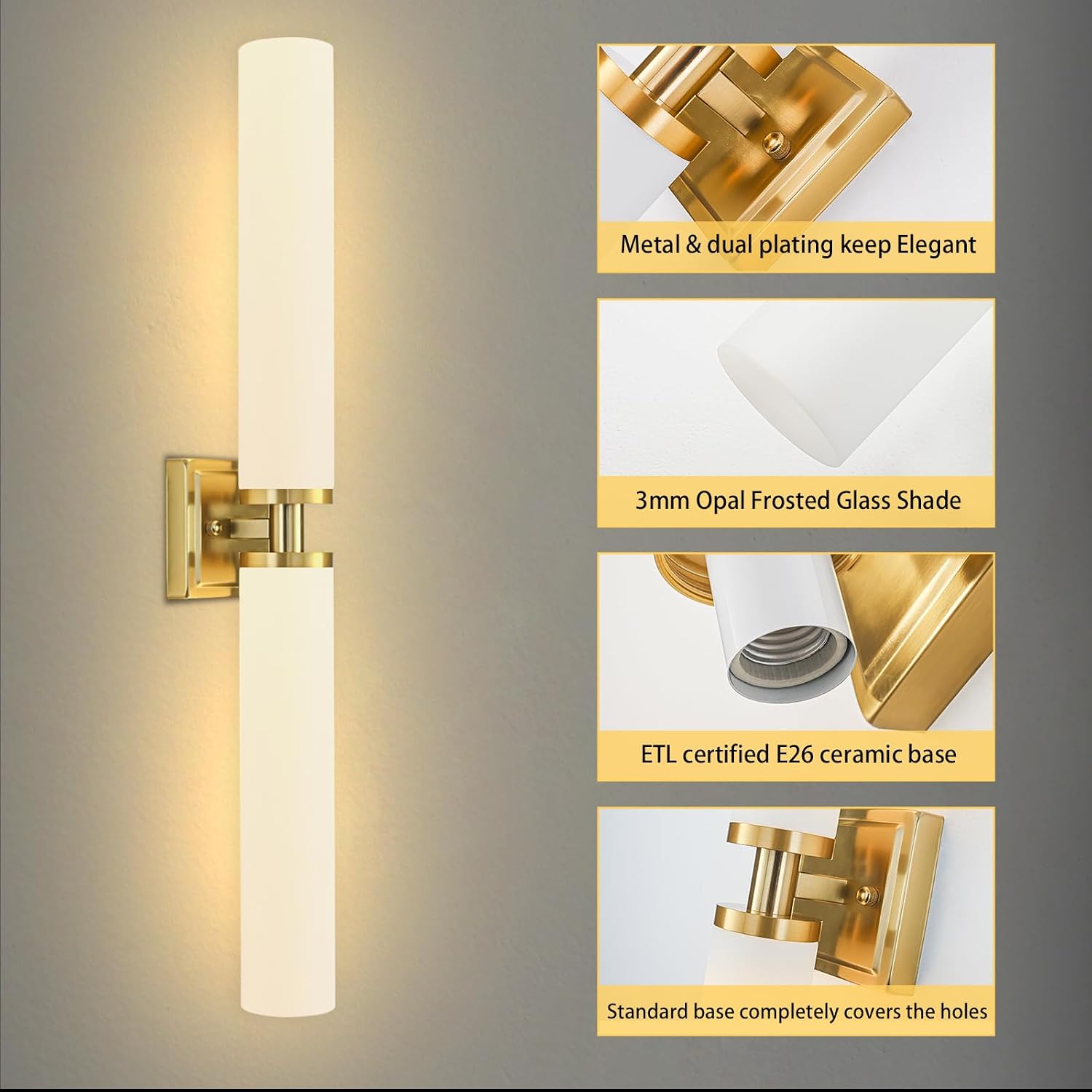 Gold Wall Sconces Set of Two, 32 Inch Bathroom Sconces with Frosted Glass, Modern Sconces Wall Light Fixtures for Bathroom Mirror Living Room Bedroom Hallway (Bulbs Not Included)
