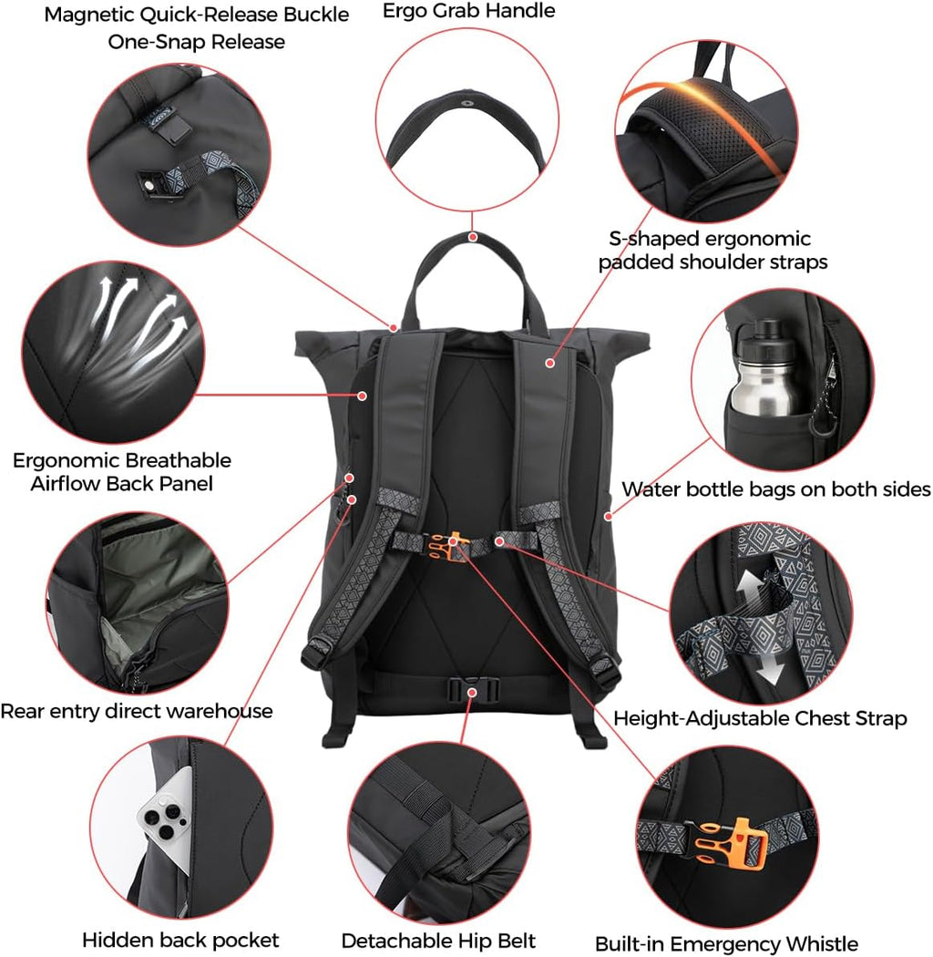 INUK 38L Travel Backpack for Men & Women, Water Resistant Laptop Backpack Hiking Daypack, Eco Friendly Made from 32 Recycled Plastic Bottles with Safety Whistle & Fidlock Magnetic Buckle, Black