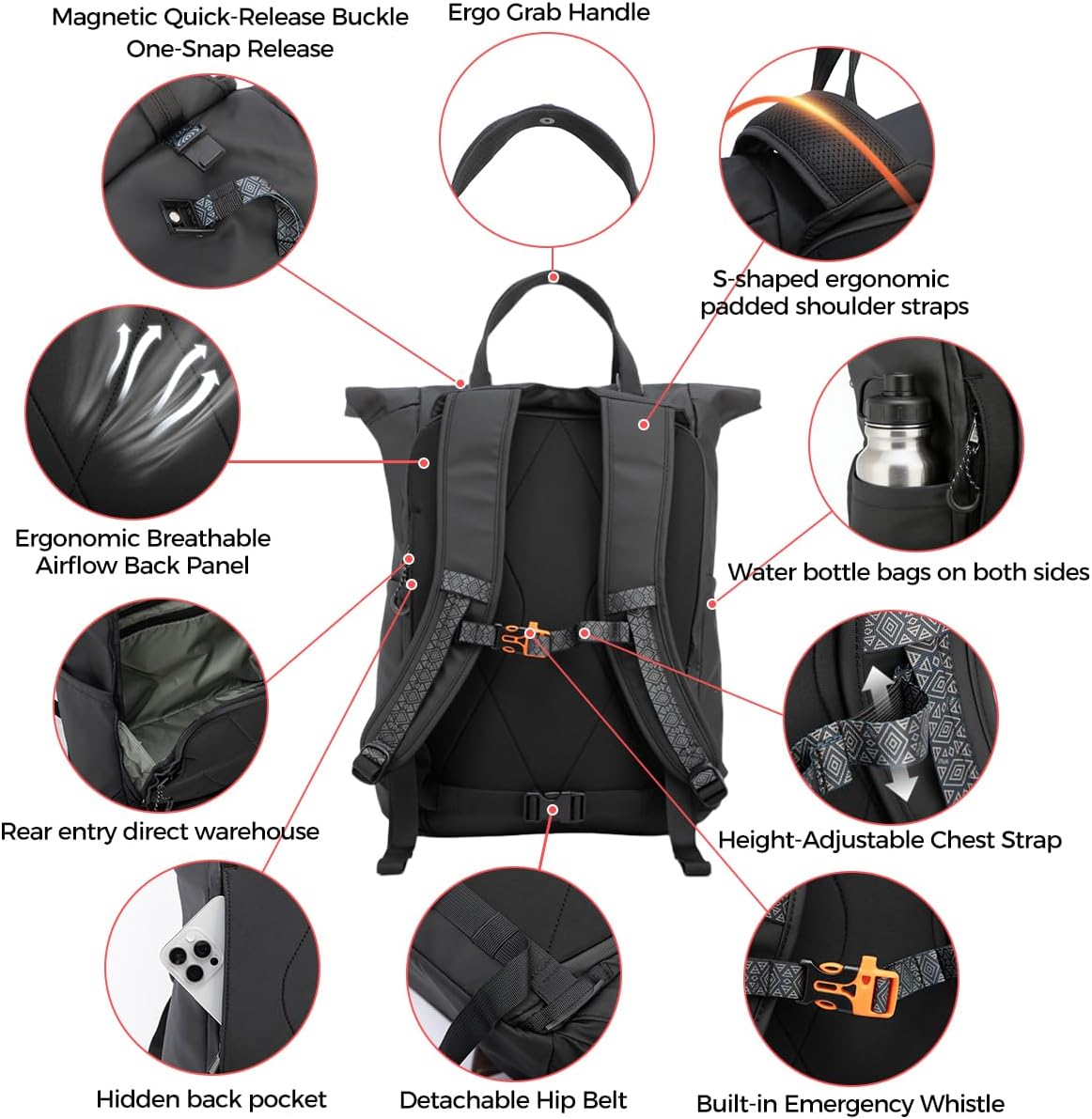 INUK 38L Travel Backpack for Men & Women, Water Resistant Laptop Backpack Hiking Daypack, Eco Friendly Made from 32 Recycled Plastic Bottles with Safety Whistle & Fidlock Magnetic Buckle, Black
