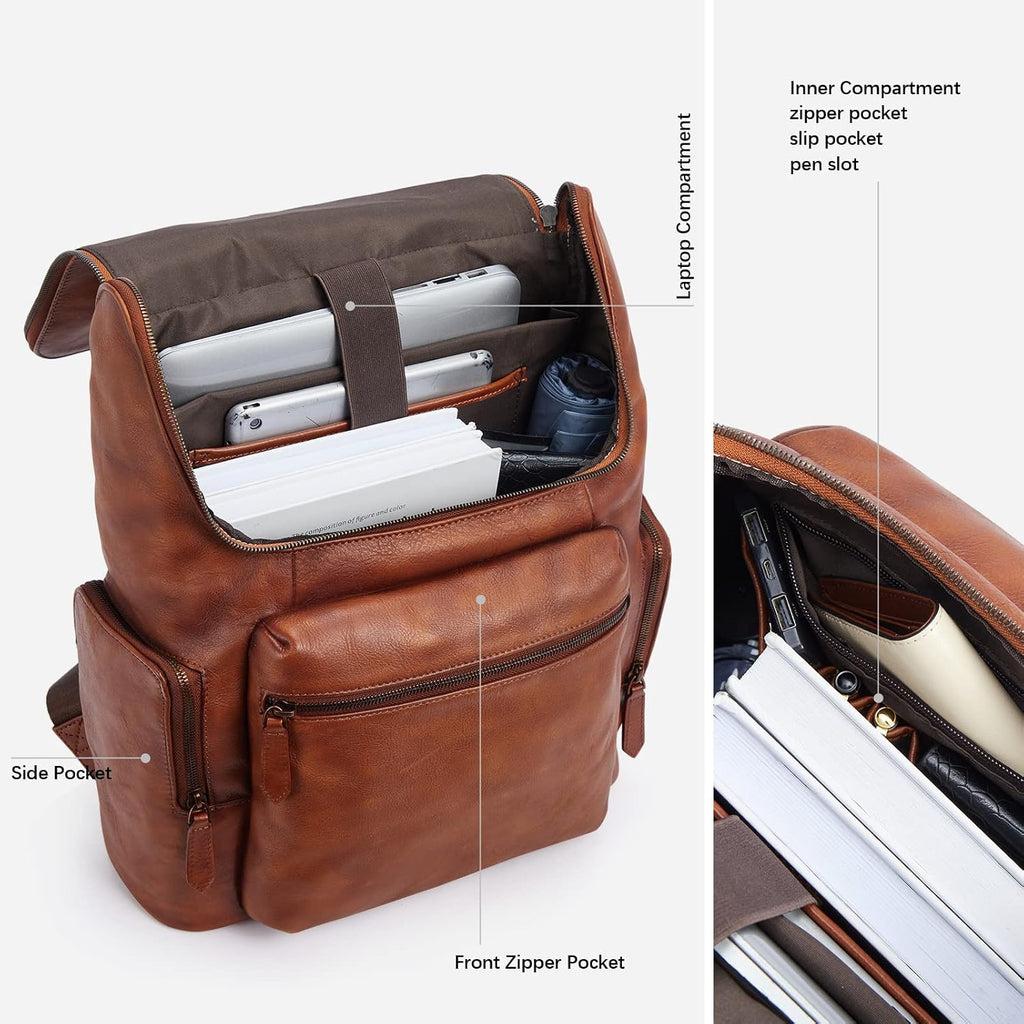 BOSTANTEN Leather Backpack for Men 15.6 inch Laptop Backpack Vintage Travel Office Bag Large Capacity Shoulder Bag Redbrown