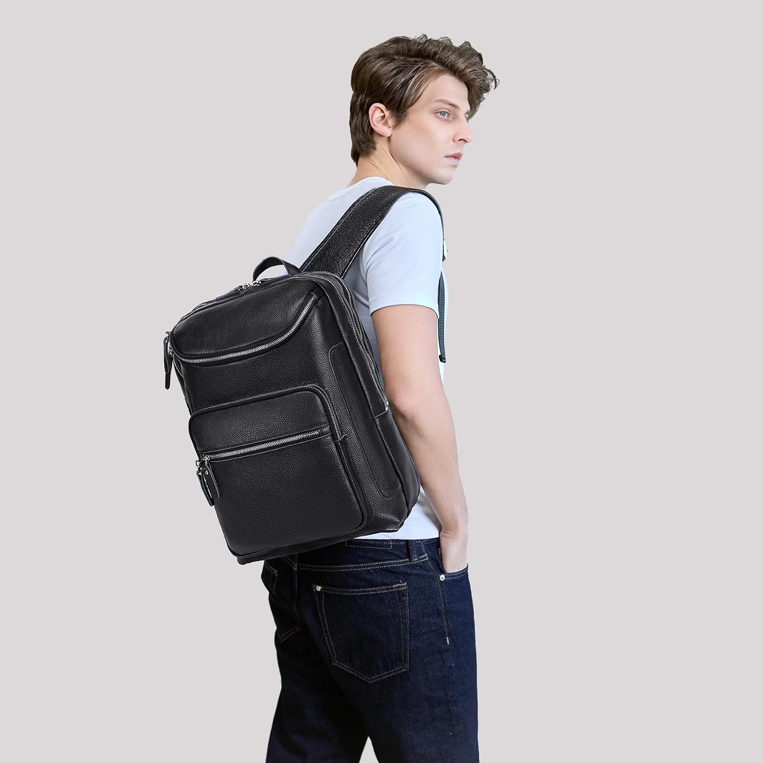 LANNSYNE Leather Backpack For Men, 15.6' Leather Laptop Backpack Hiking Travel Bag Camping Rucksack