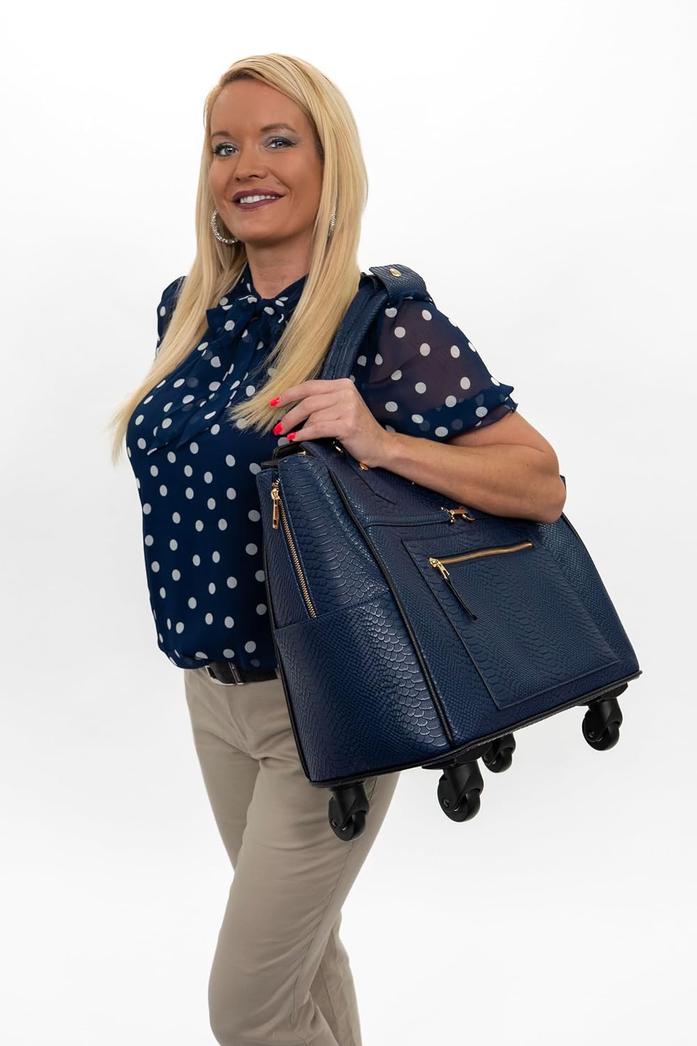Rolling Laptop Bag for Women with Wheels & Handle Luxury Pure Leather Embossed Work Bag with Laptop Sleeve Travel Briefcase