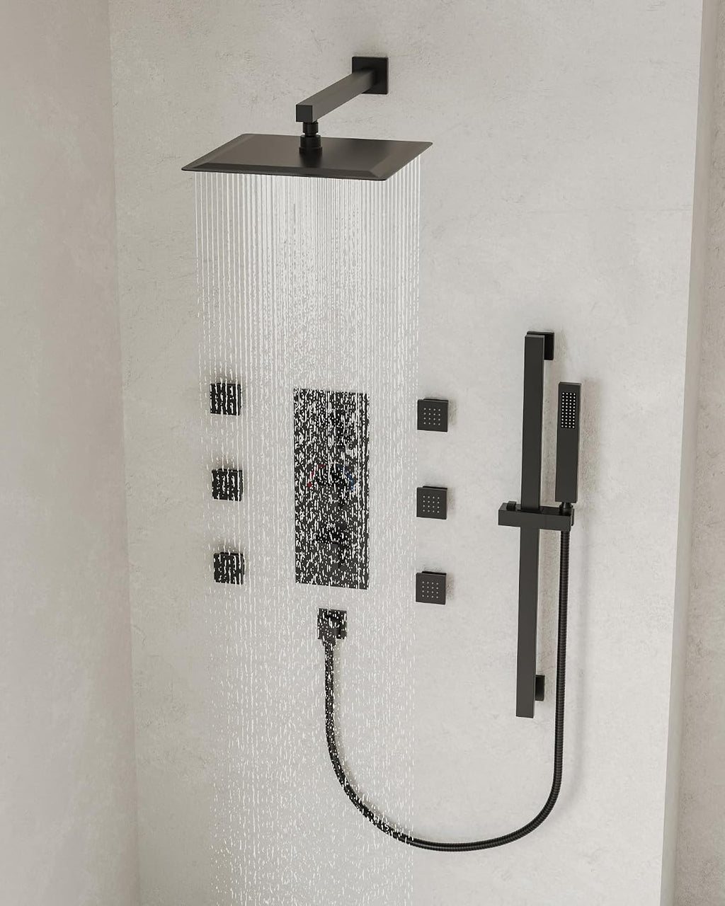12' High-Pressure Rainfall Shower System with Slide Bar & 6 Body Jets, Wall Mount Bathroom Shower Faucet Set (Matte Black)