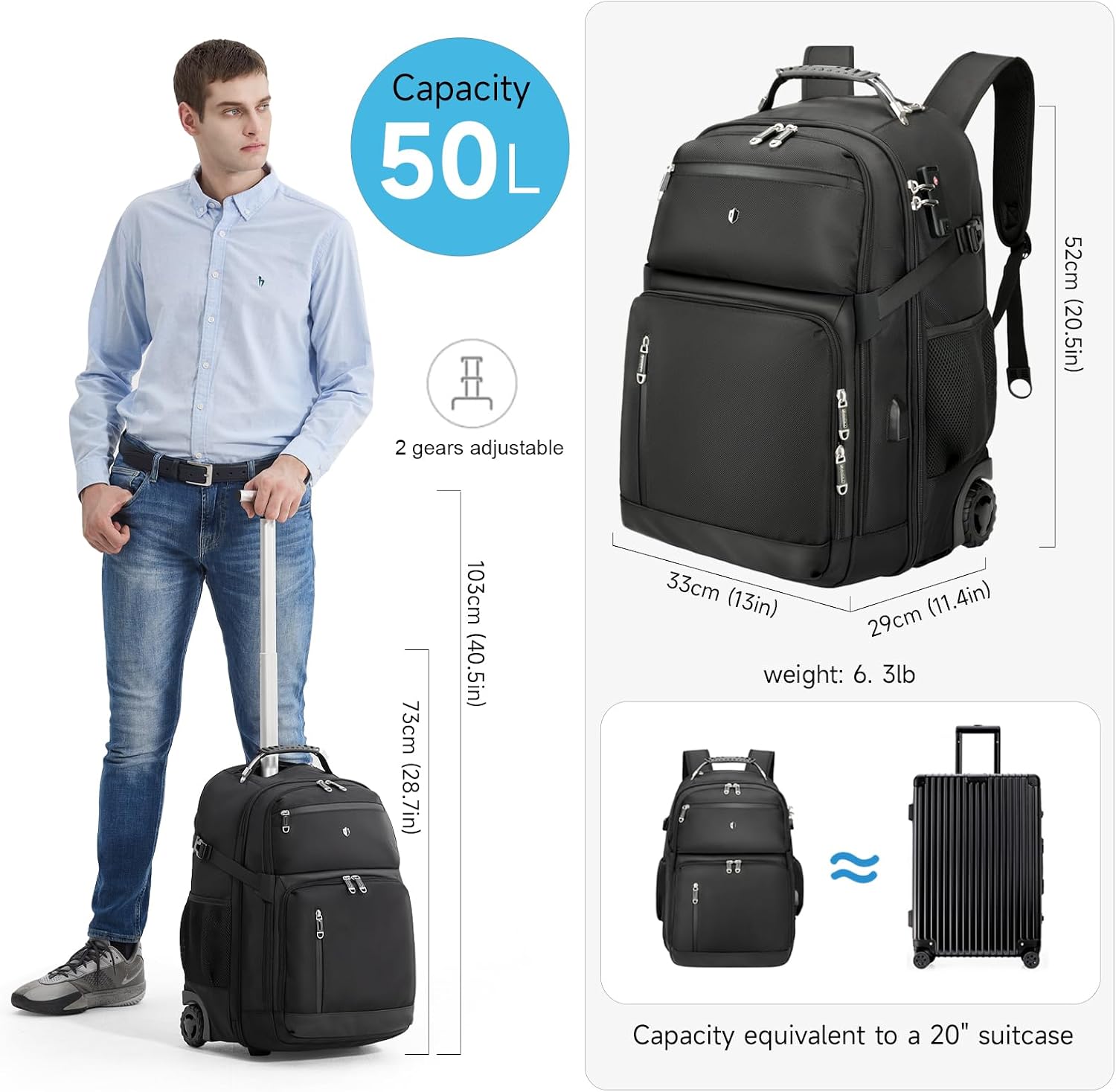 Vacuum Rolling Backpack,50L Roller Travel Laptop Backpack with Anti-Theft,rolling backpack for travel,Water-Resistant Carry-On Luggage,Business and Commuting (A)