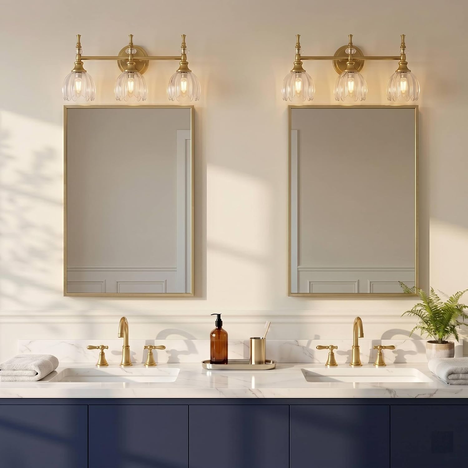 ANDY STAR 3-Light Brushed Gold Bathroom Vanity Light, Transitional Sconce | Ribbed Glass & Crystal Accent, Damp-Resistant, Heat-Resistant E12 Base, Reversible Up/Down Mounting