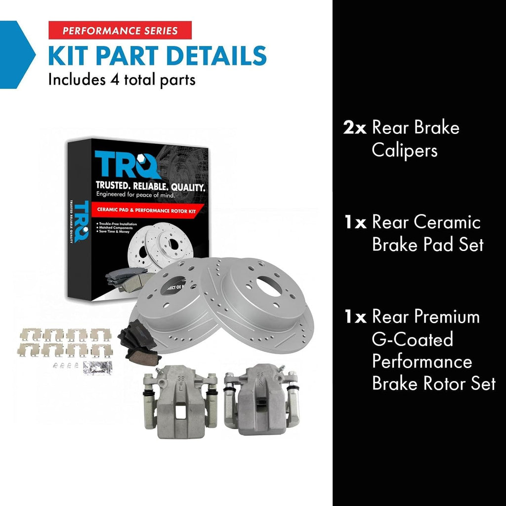 TRQ Performance Rear Brake Pad and Rotor Set Ceramic Drilled Slotted Coated Rotors Calipers Compatible with 2006-2011 Toyota RAV4