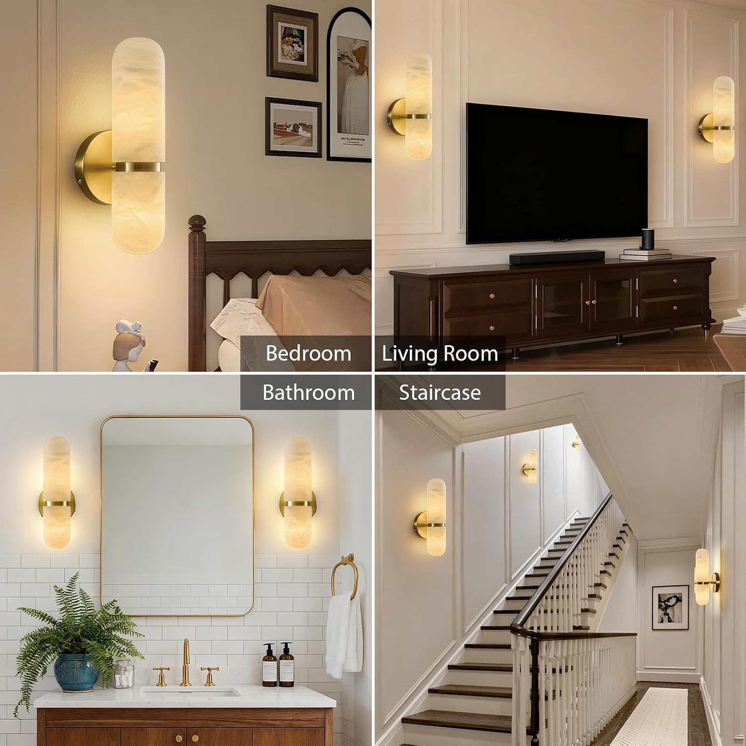 Natural Alabaster Brass Wall Sconce - Modern Luxury Spanish Stone Cylinder Sconces with Bulb - Brushed Gold Indoor Dimmable Lighting Fixture - Vanity Decor Light for Bedroom Bathroom Living Room Stair