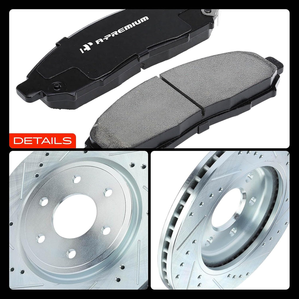 A-Premium 11.65 inch (296mm) Front Drilled and Slotted Disc Brake Rotors + Ceramic Pads Kit Compatible with Select Nissan and Suzuki Models - Frontier 2005-2019, Pathfinder 2005-2012, Xterra, Equator