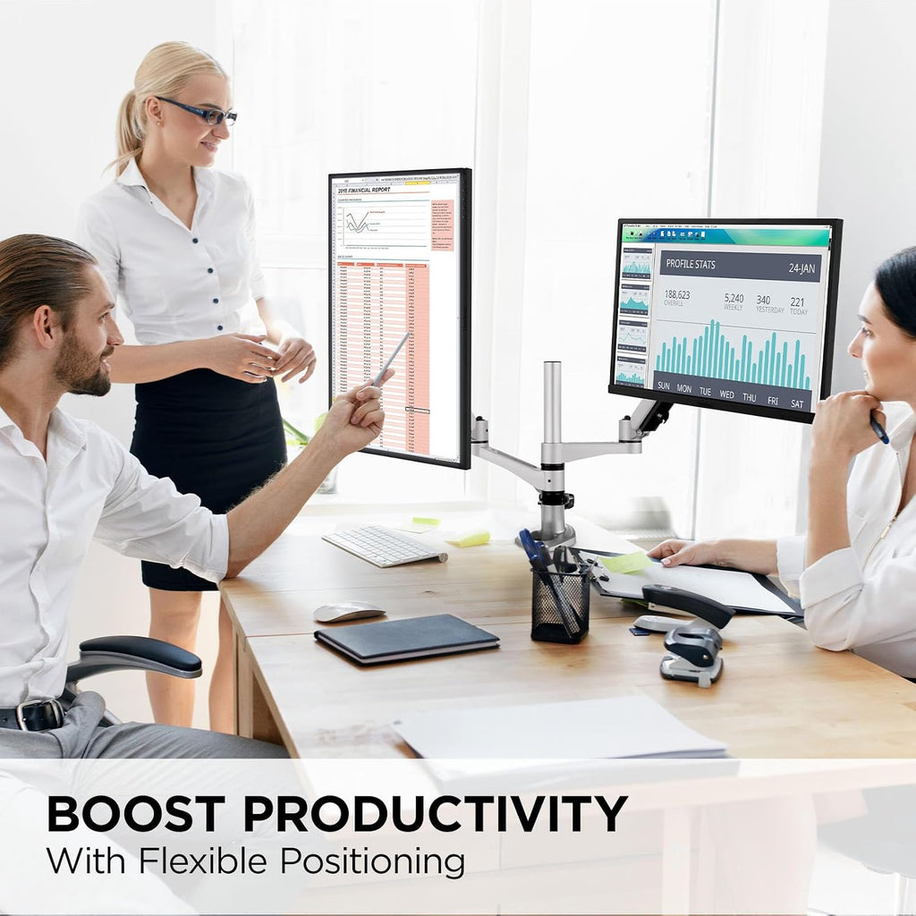 ViewSonic LCD-DMA-002 Spring-Loaded Monitor Desk Mounting Arm for 2 Monitors up to 27 Inches Each, VESA Compatible, Full Ergonomic Adjustability, 2-in-1 Mounting Base, and Built-in Cable Management