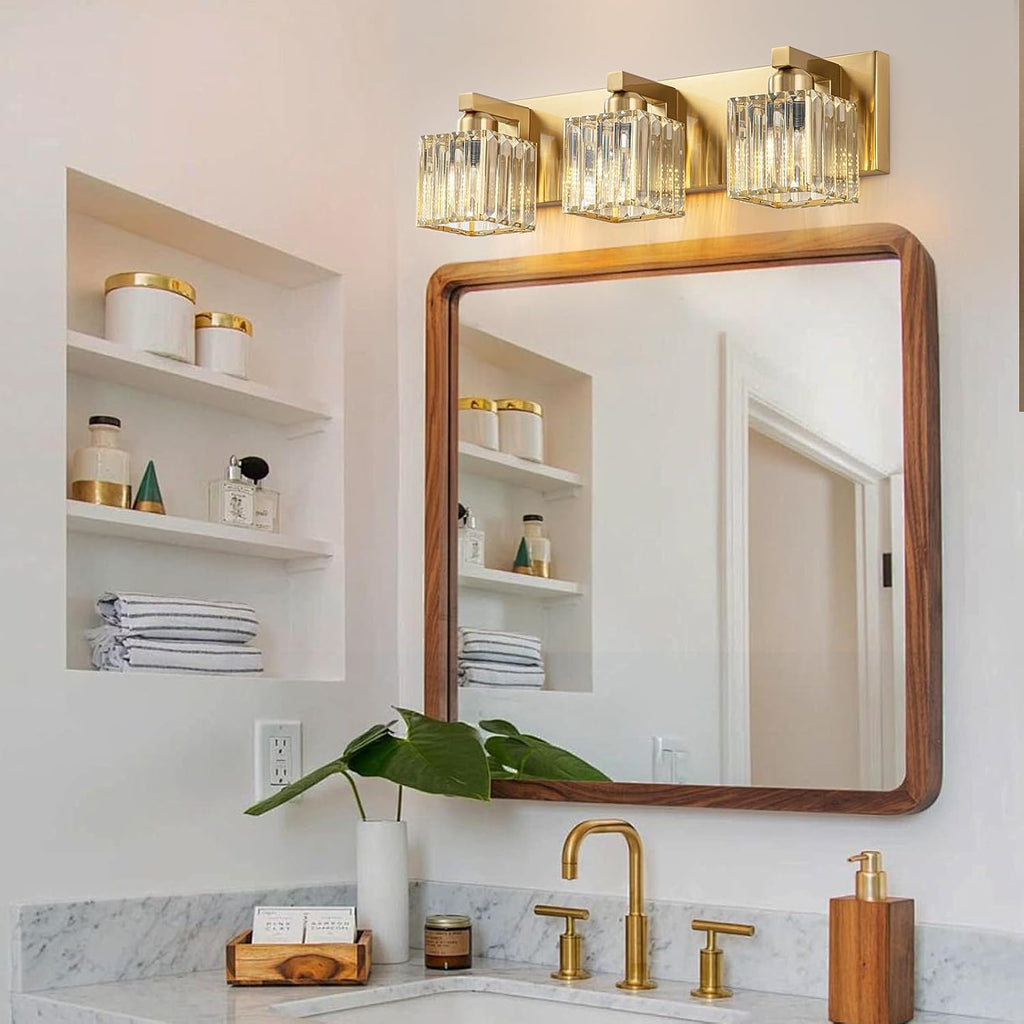 Gold Crystal Bathroom Vanity Lights Modern 3-Lights Bathroom Lighting Fixtures Over Mirror, Gold Crystal Wall Light with Square Shade