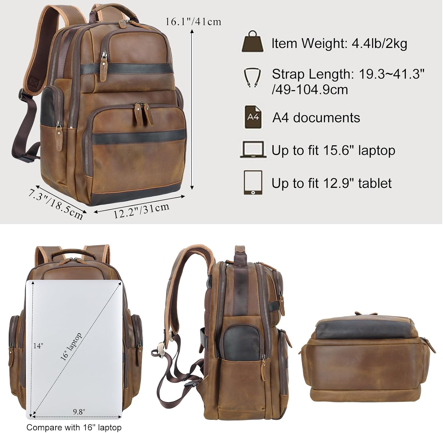TIDING Men's Vintage Leather Backpack 15.6' Laptop Bag Large Capacity Business Travel Hiking Shoulder Daypacks