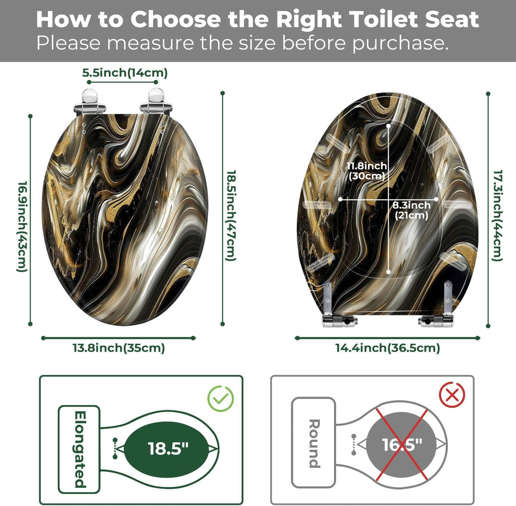 Elongated Toilet Seat Abstract luxury marble Modern 3d Gold black colors Art Resin Toilet Seat Easy to Install Quietly Close Quick Release Hinges Decorative Toilet Seat with Cover