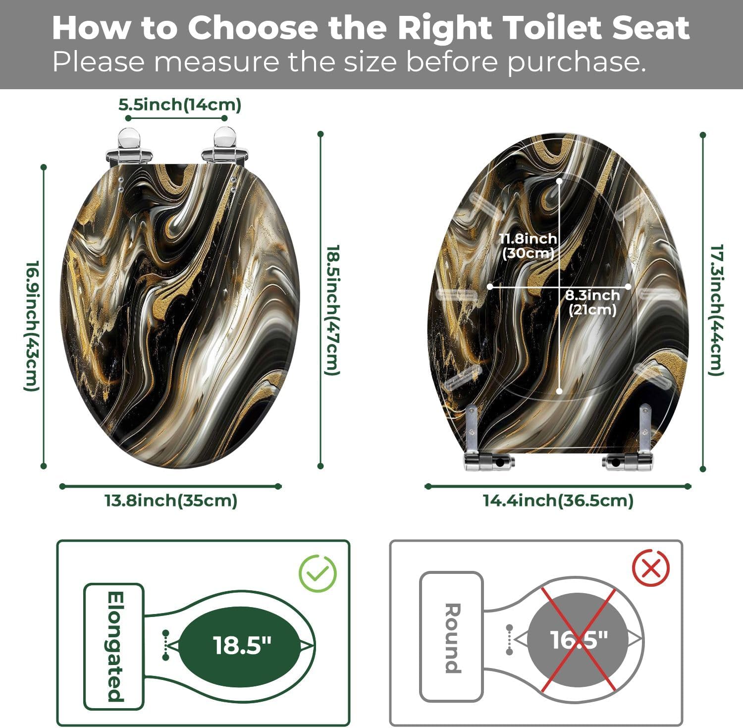 Elongated Toilet Seat Abstract luxury marble Modern 3d Gold black colors Art Resin Toilet Seat Easy to Install Quietly Close Quick Release Hinges Decorative Toilet Seat with Cover