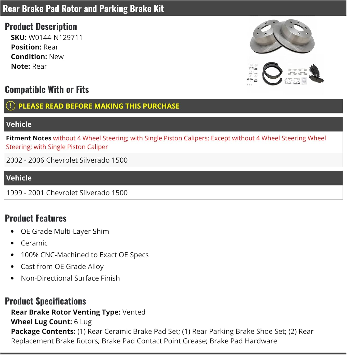 Rear Ceramic Brake Pads Rotor and Parking Brake Kit - 6-Lug - Compatible with 1999-2006 Chevy Silverado 1500