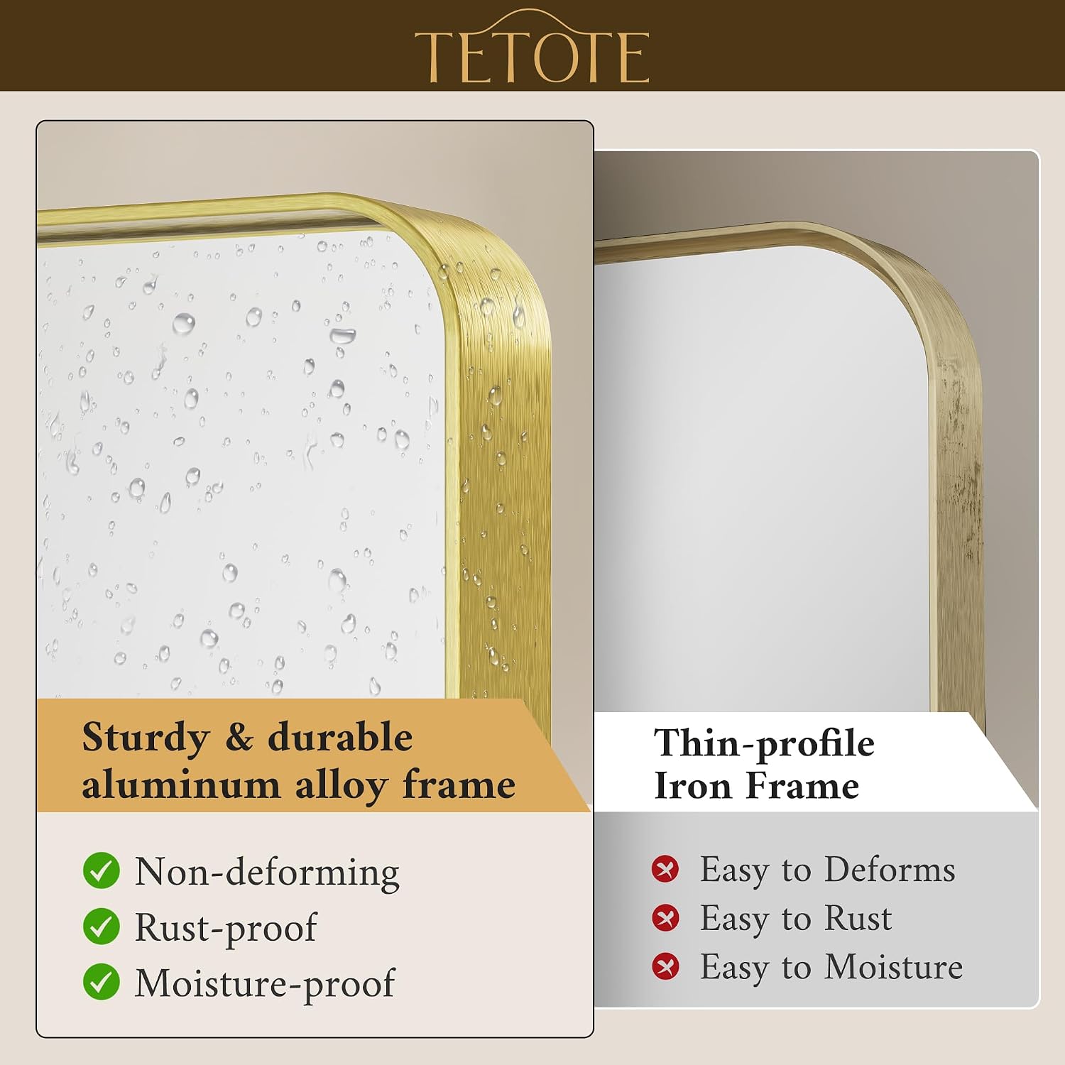 TETOTE Brushed Gold Bathroom Mirror, 40 x 24 Inch Metal Framed Mirror, Brushed Brass Rectangle Wall Mounted Golden Vanity Mirror (Horizontal/Vertical)